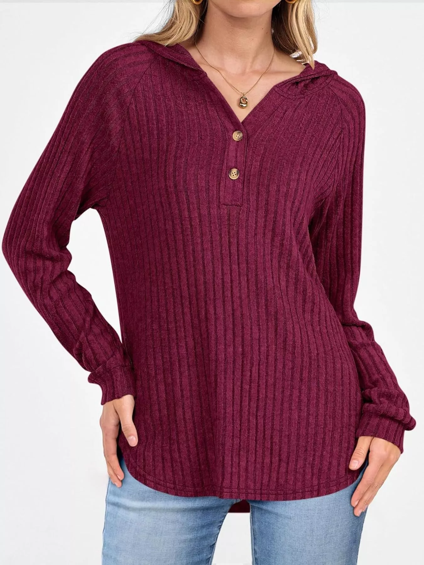 Full Size Ribbed Knit Button Detail Hooded Top Plus Size - Image 2