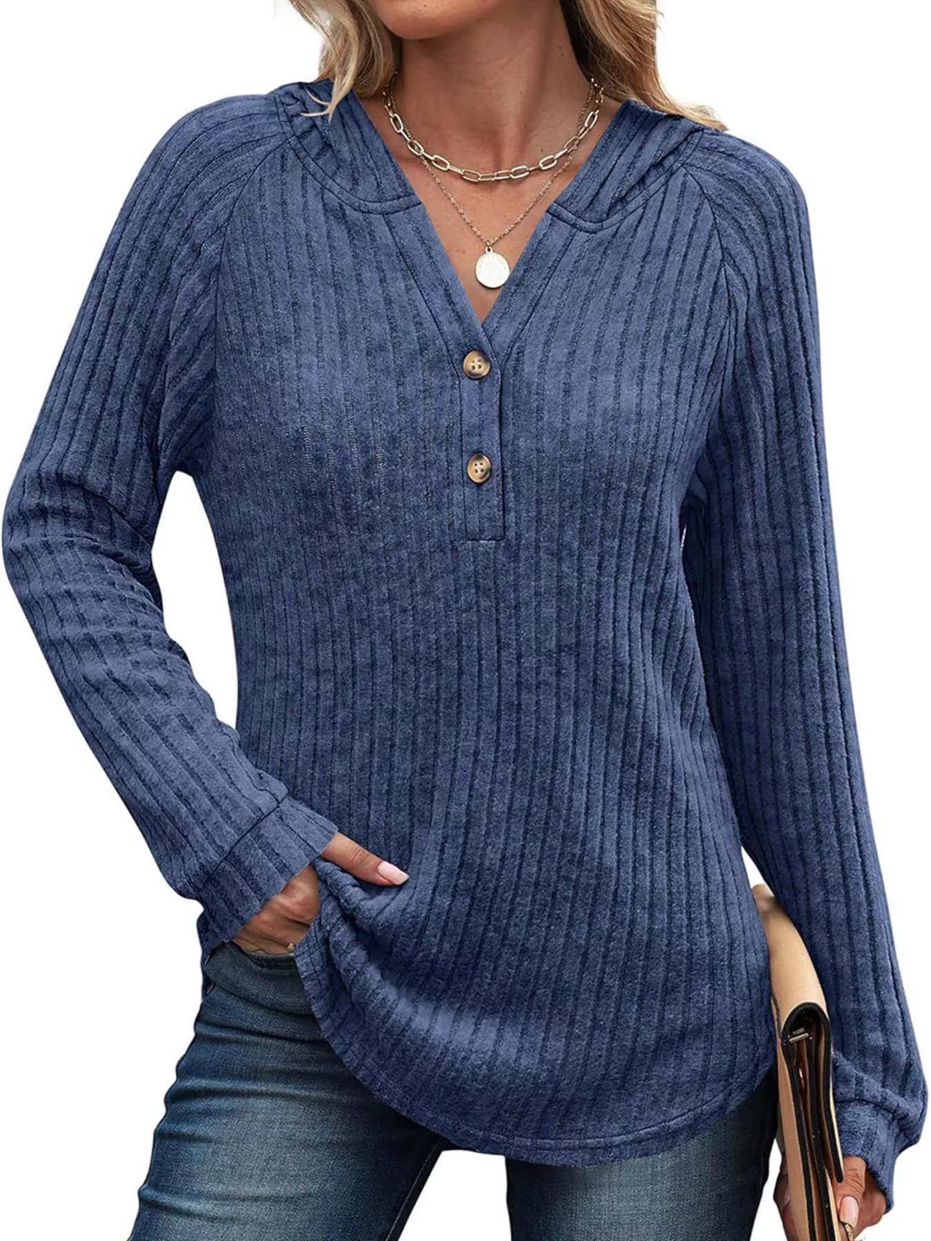 Full Size Ribbed Knit Button Detail Hooded Top Plus Size - Image 6