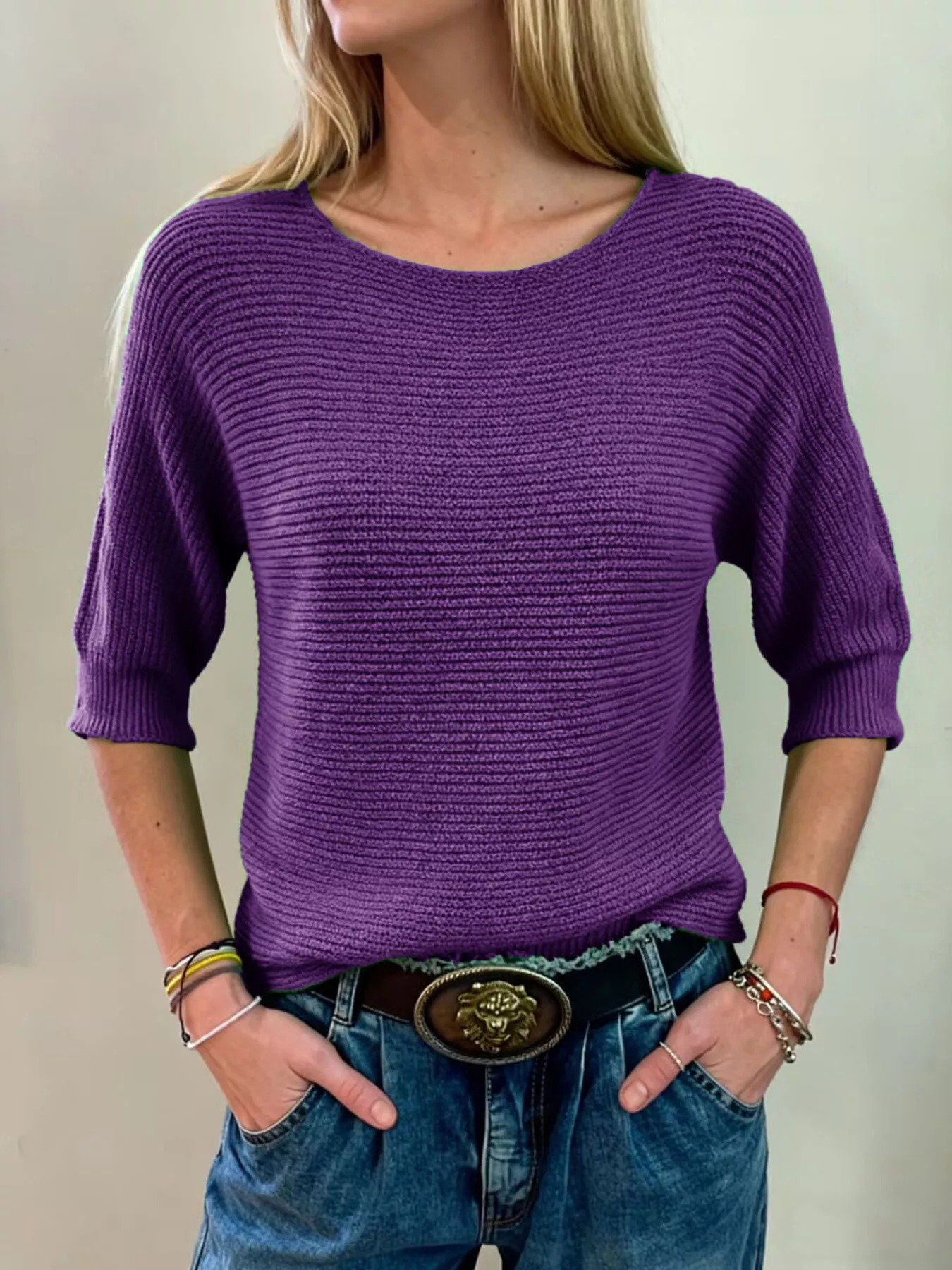 Full Size Ribbed Knit Round Neck Sweater Plus Size - Image 15