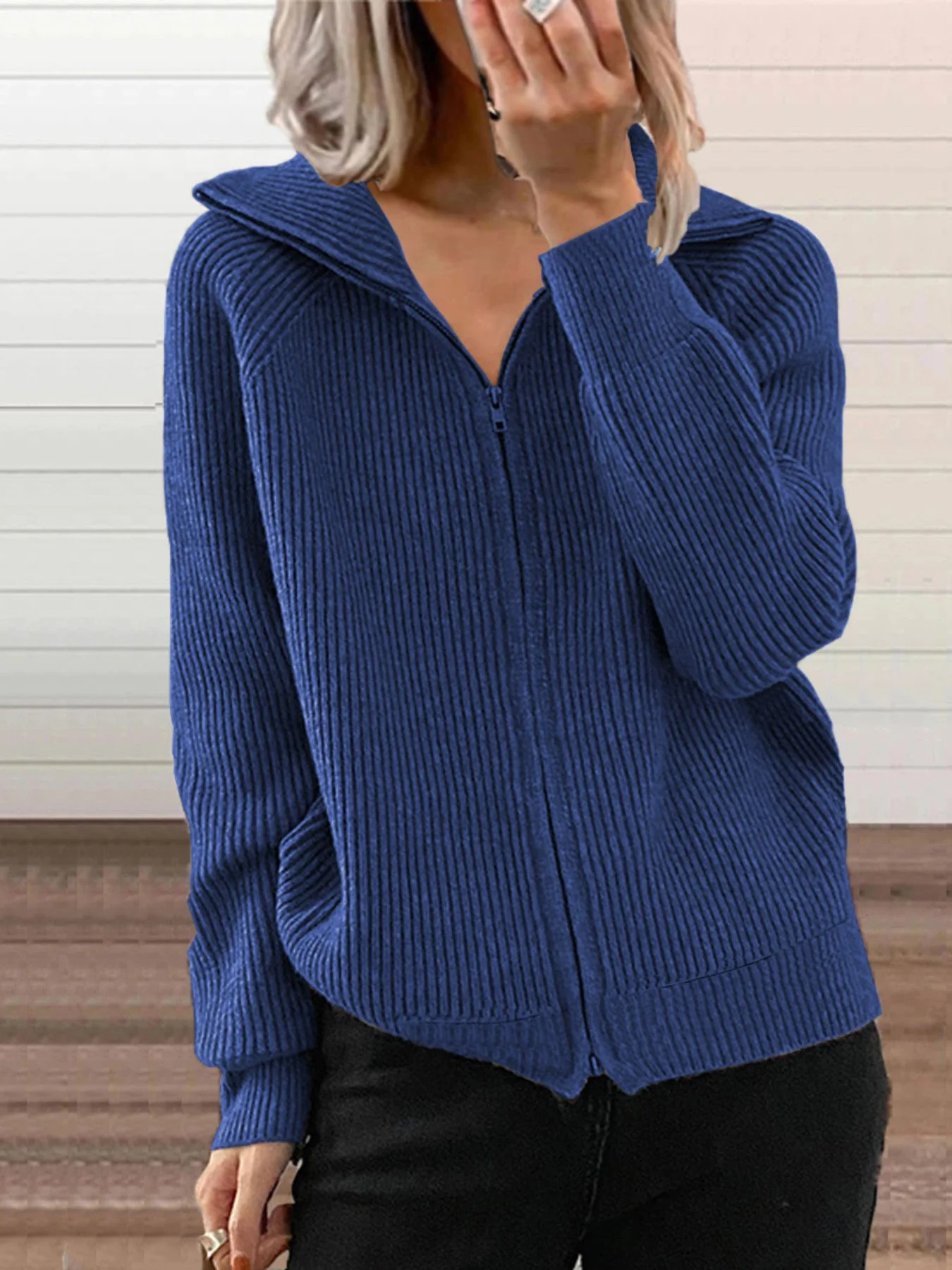 Full Size Ribbed Knit Zip-Up Outerwear Plus Size - Image 5