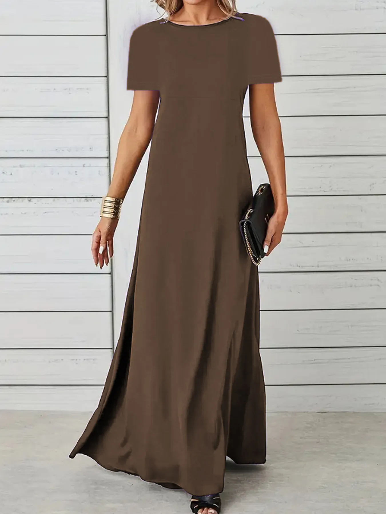 Full Size Round Neck Short Sleeve A-Line Maxi Dress Plus Size - Image 5