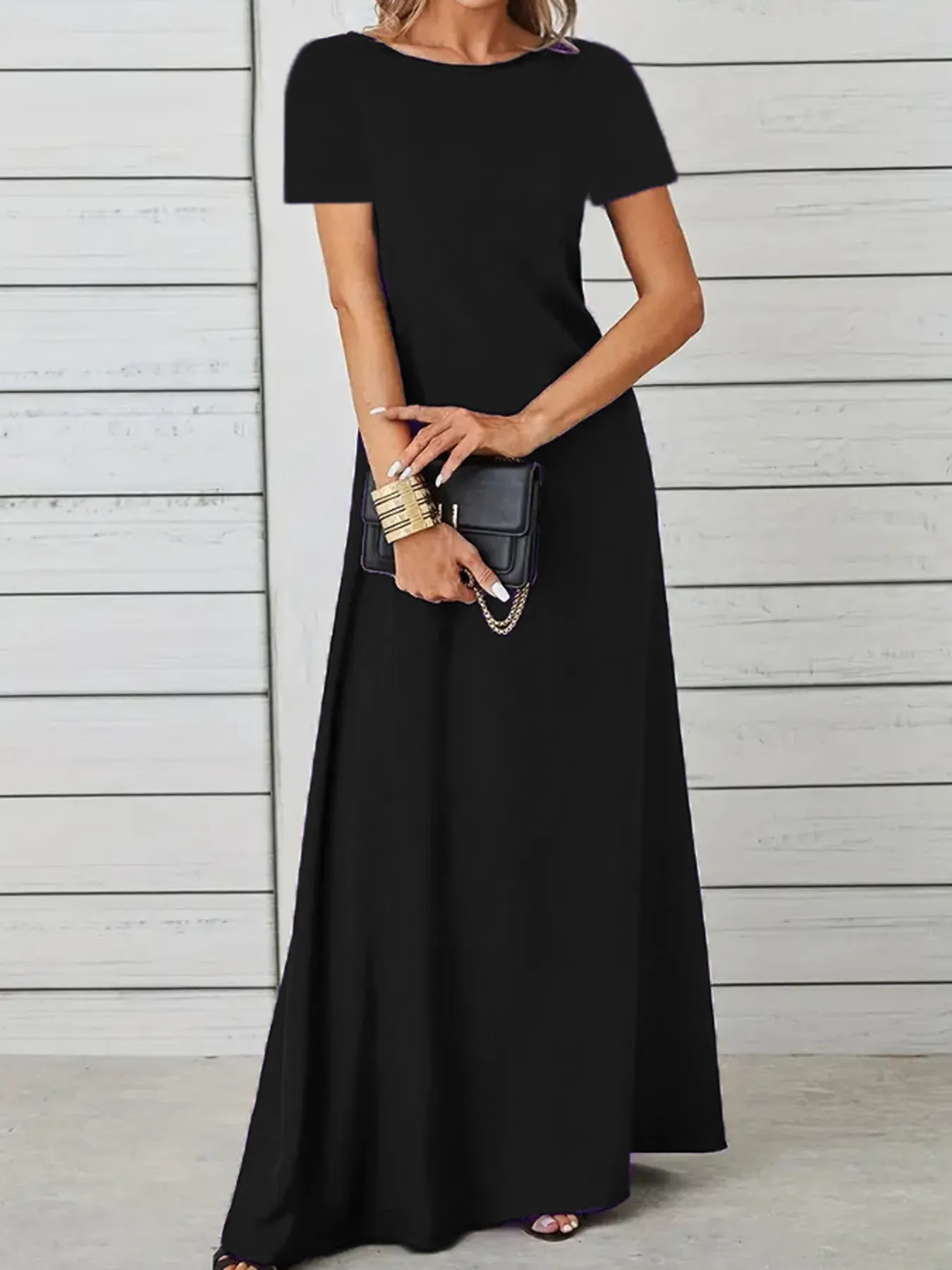 Full Size Round Neck Short Sleeve A-Line Maxi Dress Plus Size - Image 8