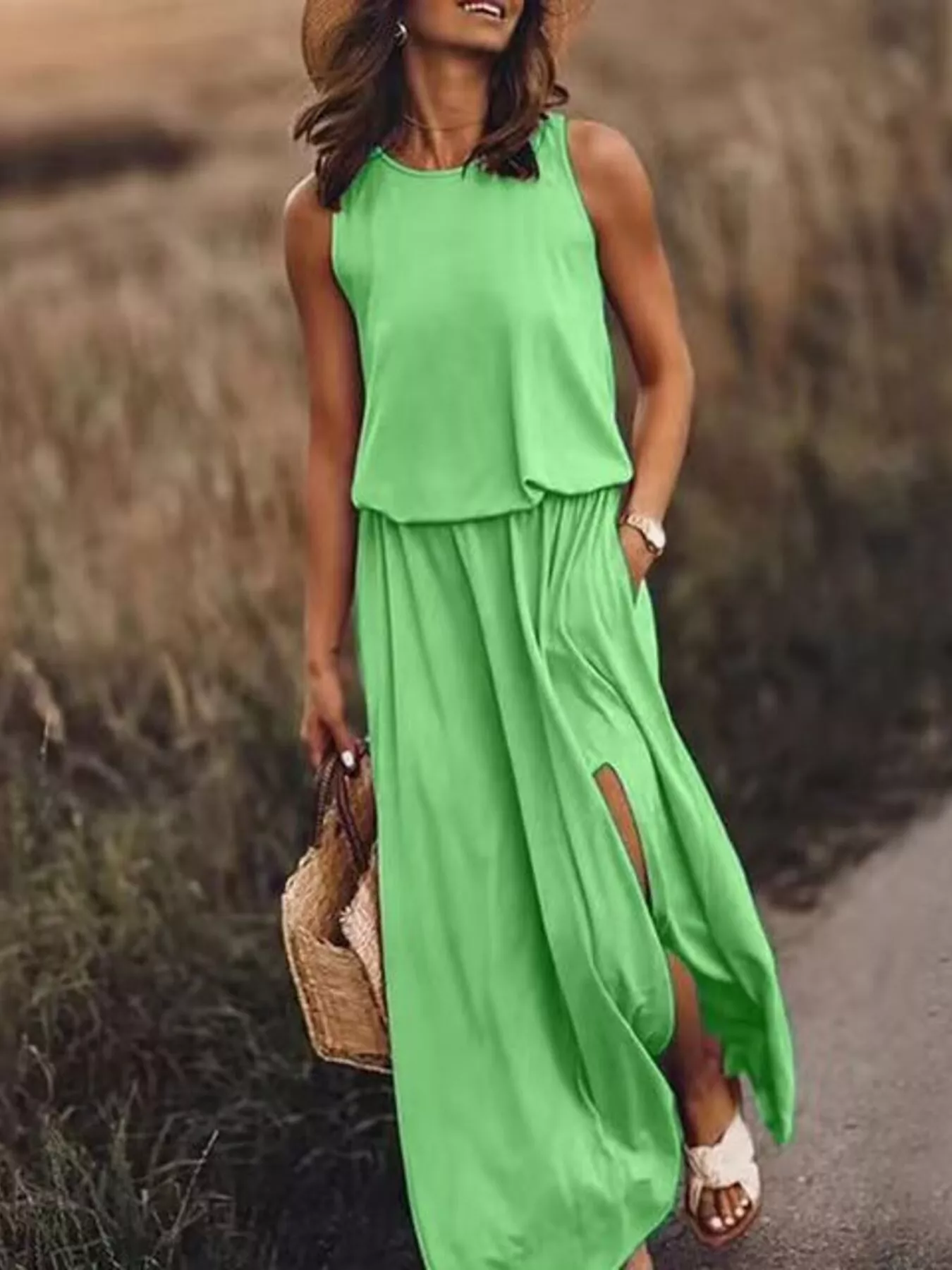 Full Size Round Neck Sleeveless Slit Maxi Dress Plus Size - Image 13