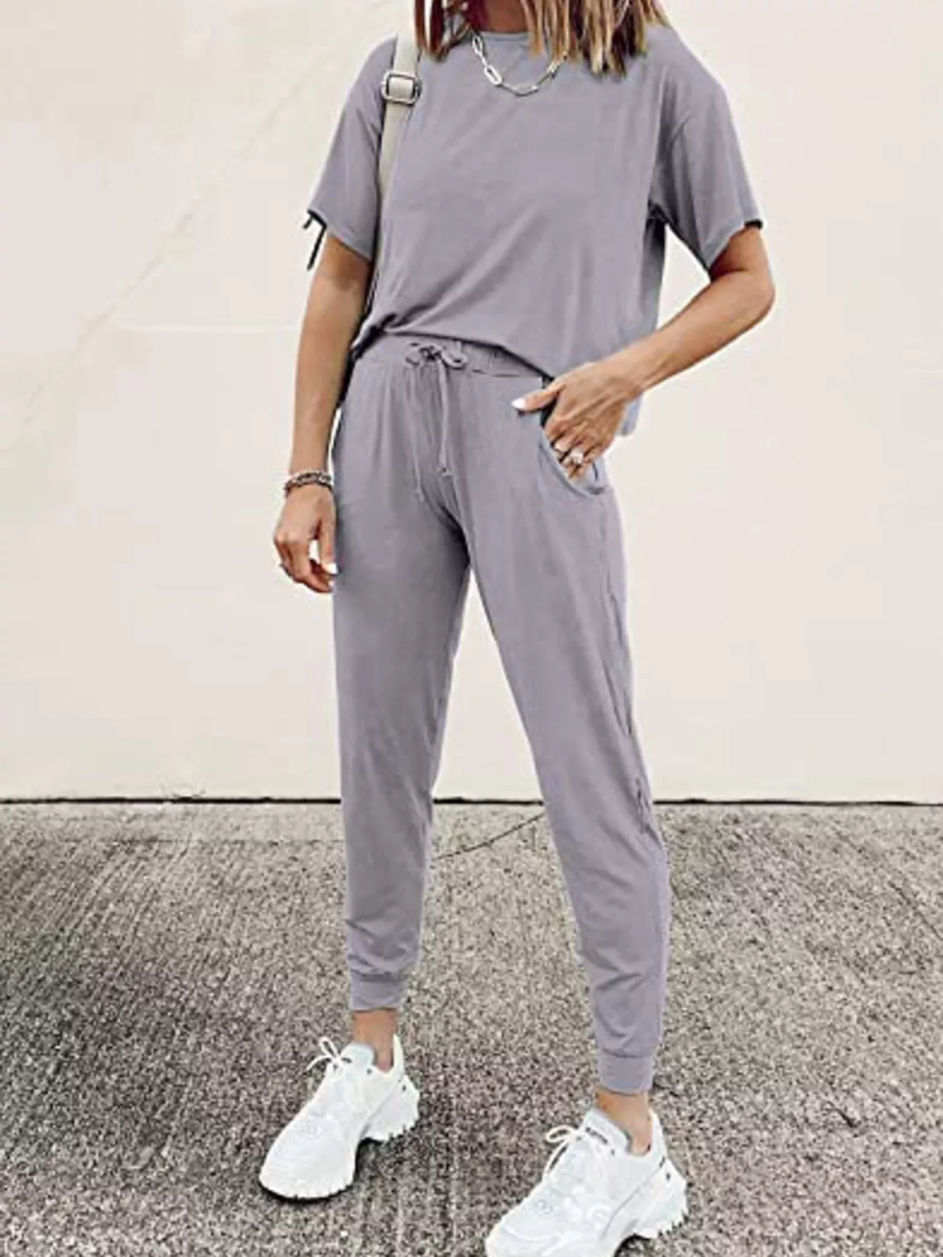 Full Size Round Neck Top and Drawstring Pants Set Plus Size - Image 3