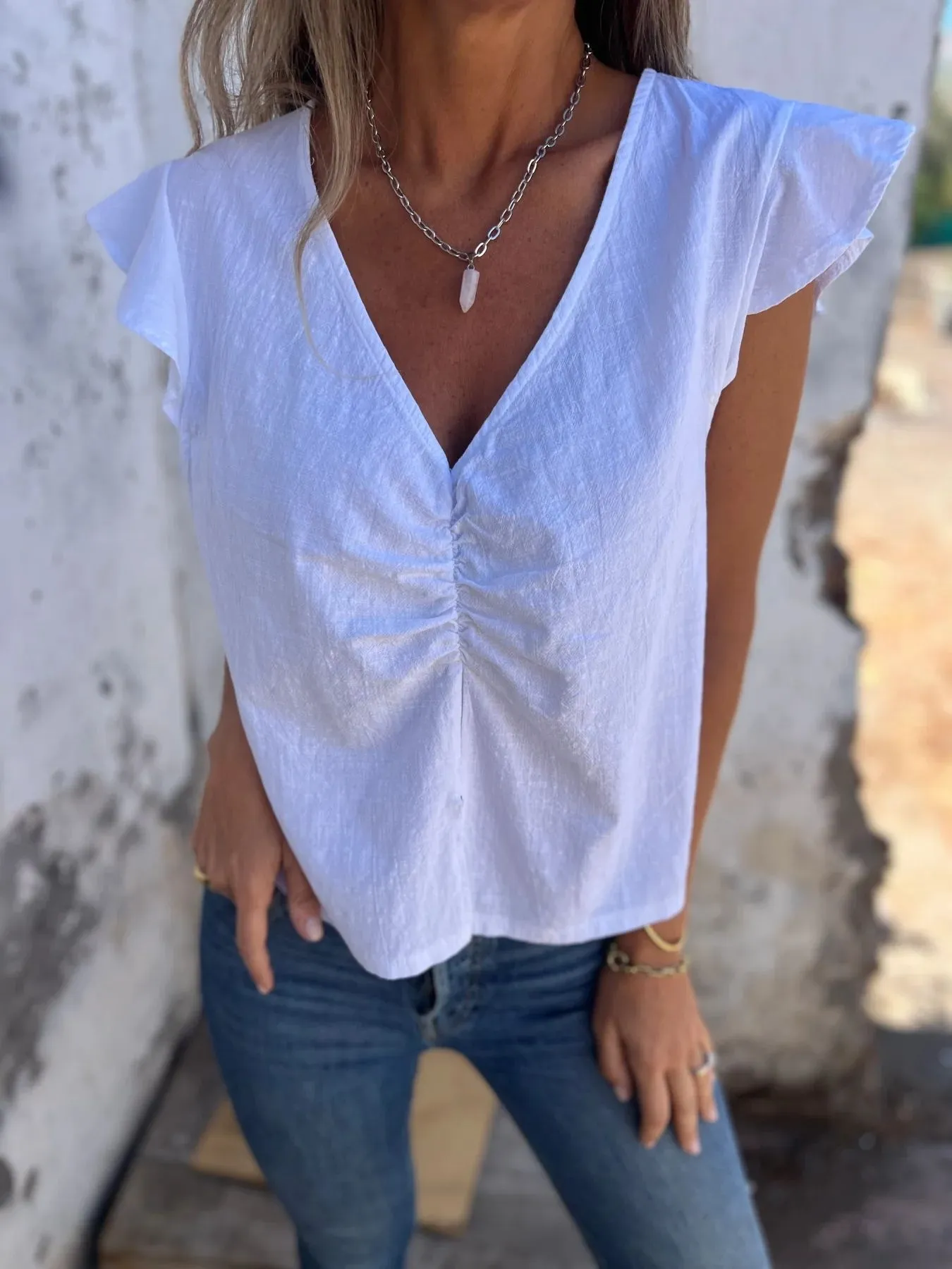 Full Size Ruched V-Neck Cap Sleeve Blouse Plus Size - Image 12
