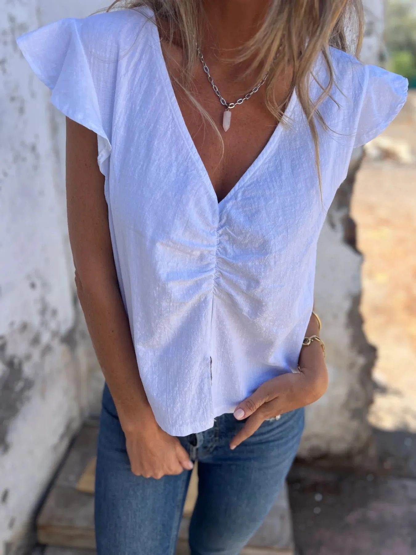 Full Size Ruched V-Neck Cap Sleeve Blouse Plus Size - Image 13