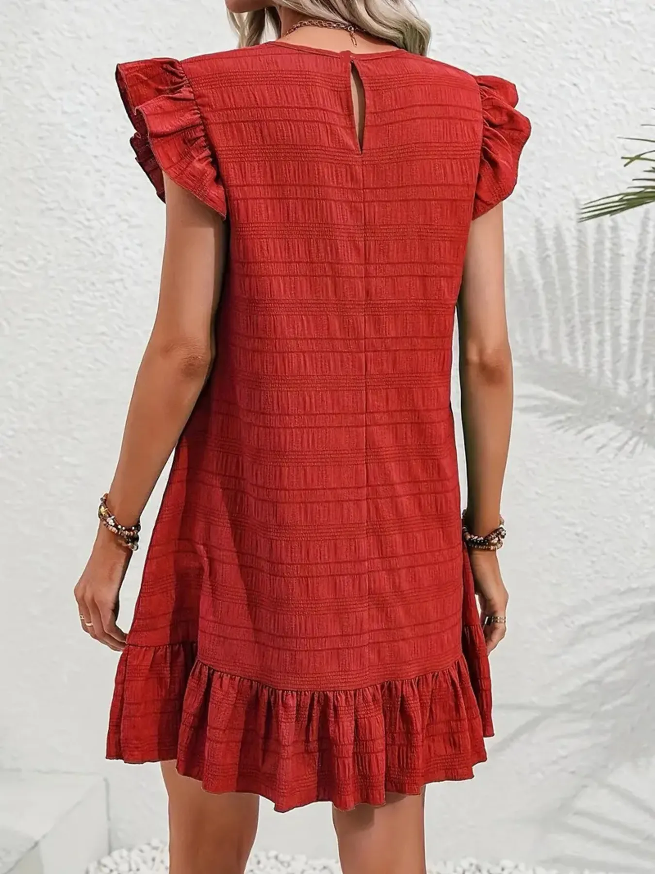 Full Size Ruffled Flutter Sleeve Textured Mini Dress Plus Size - Image 22