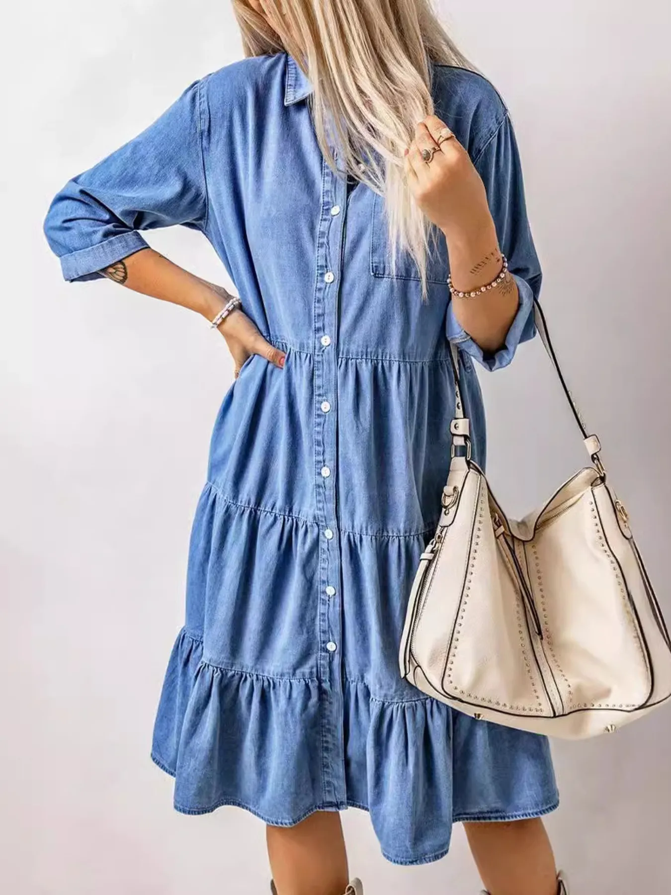 Full Size Ruffled Hem Button Up Denim Midi Dress Plus Size - Image 3