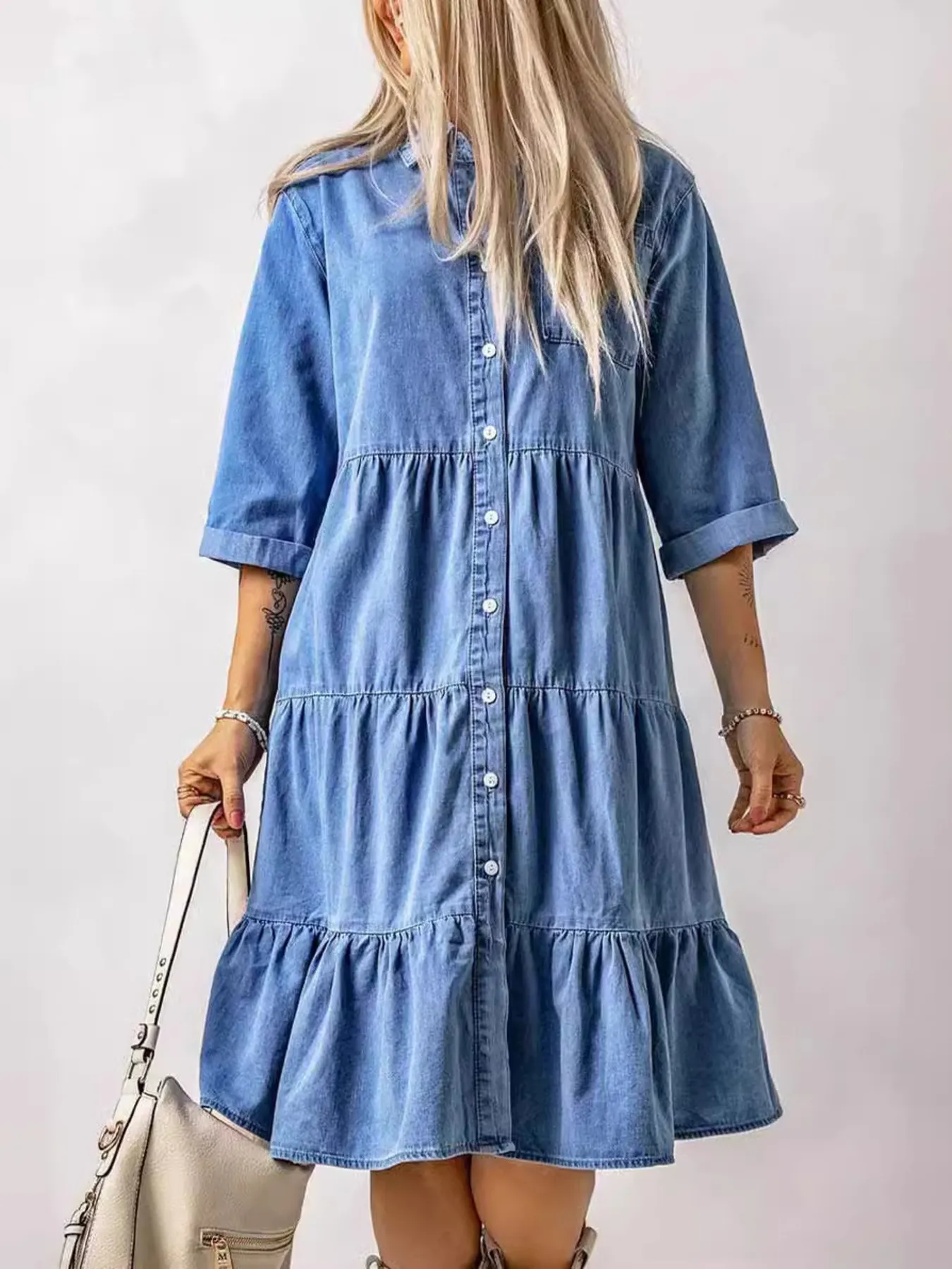Full Size Ruffled Hem Button Up Denim Midi Dress Plus Size - Image 4