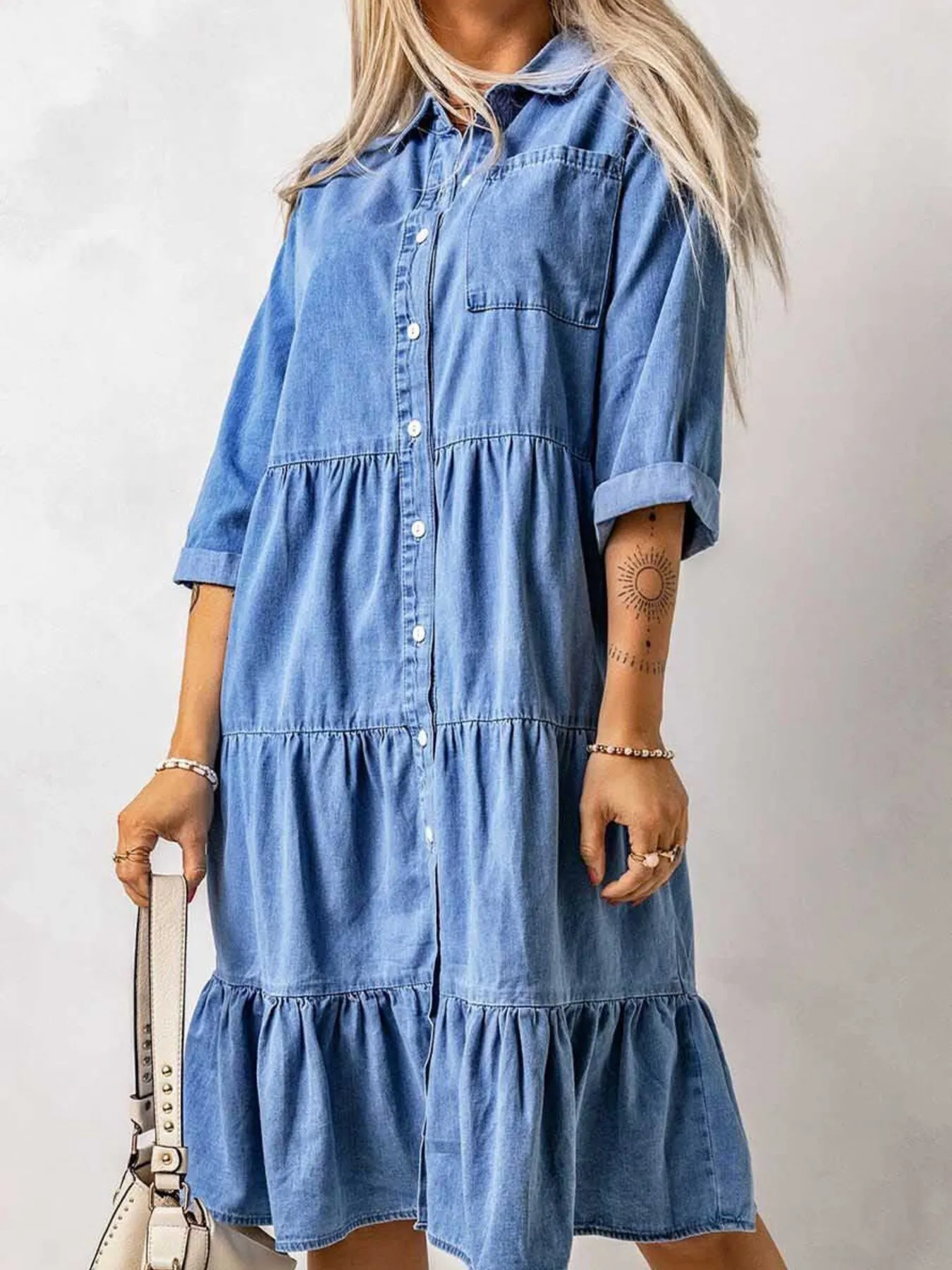 Full Size Ruffled Hem Button Up Denim Midi Dress Plus Size - Image 5