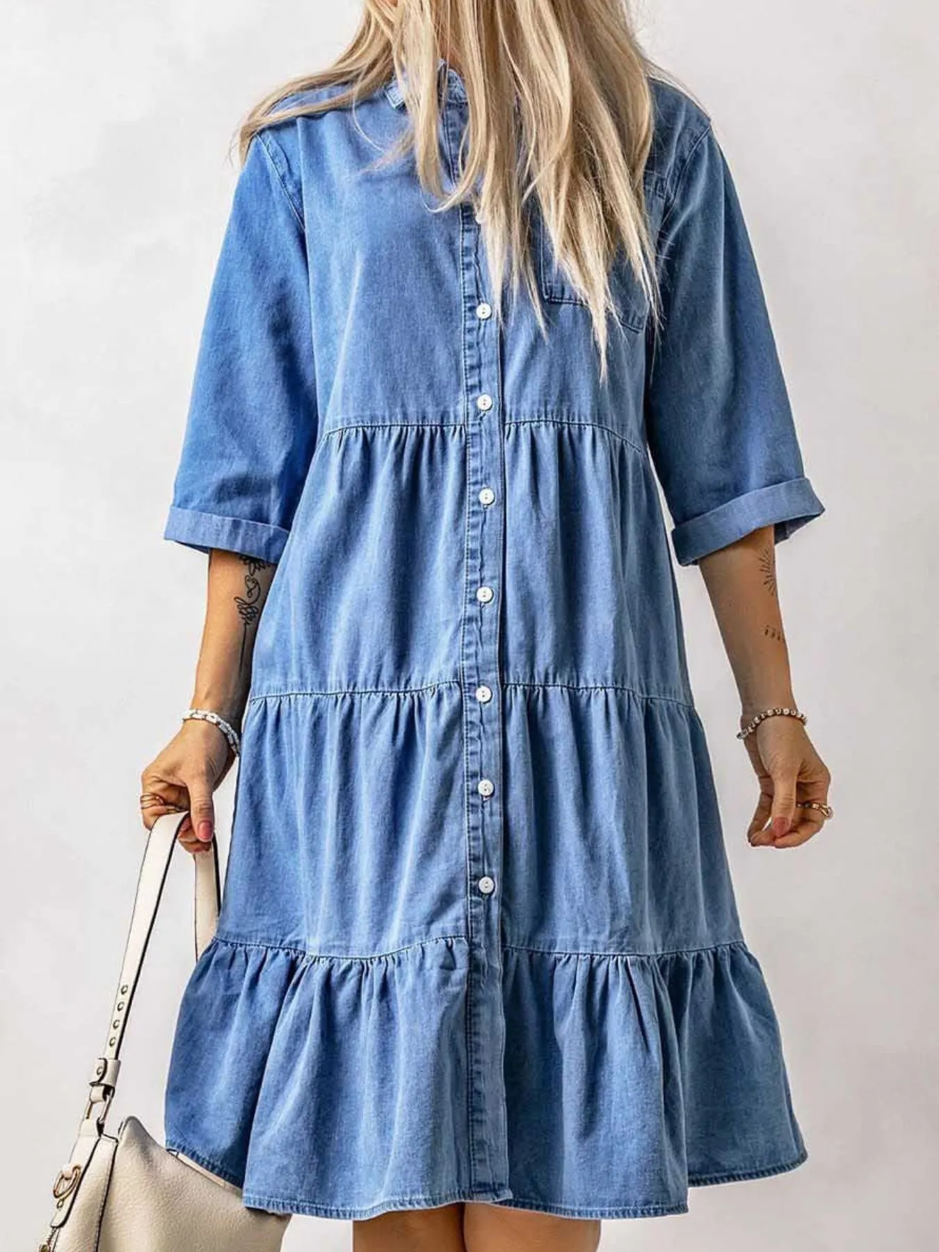 Full Size Ruffled Hem Button Up Denim Midi Dress Plus Size - Image 7