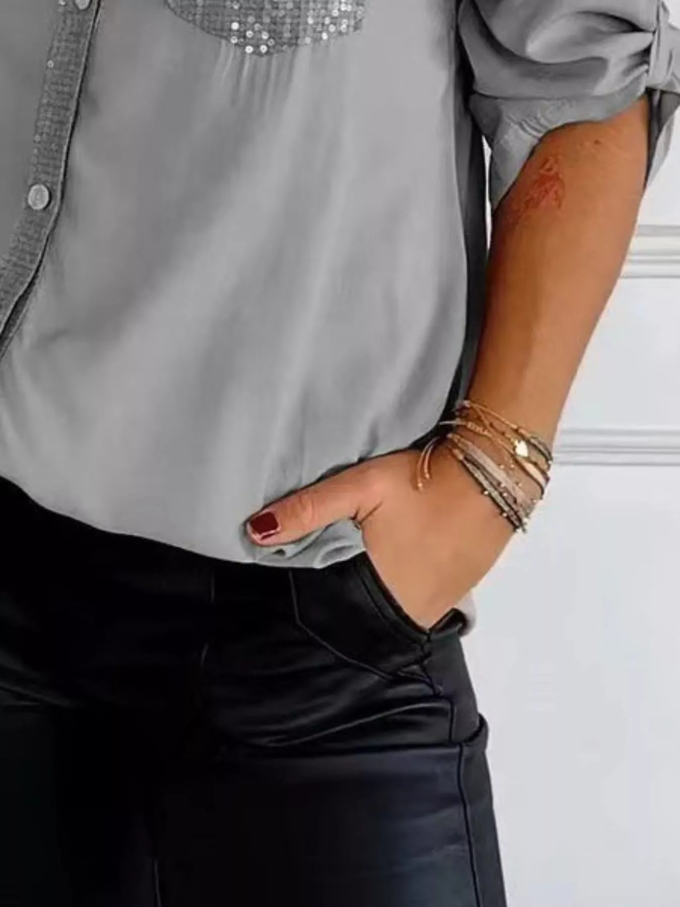 Full Size Sequin Detail Button-Down Shirt Plus Size - Image 12