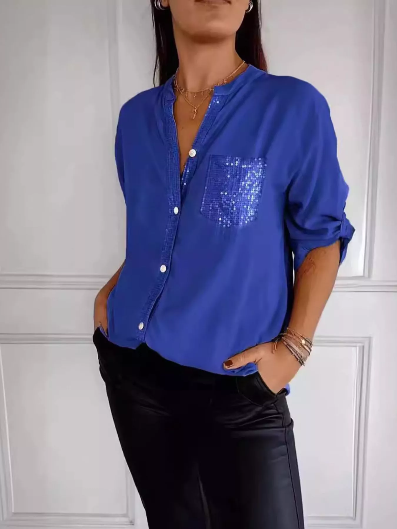 Full Size Sequin Detail Button-Down Shirt Plus Size - Image 28
