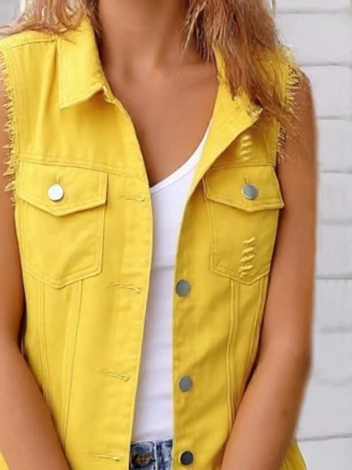 Full Size Sleeveless Frayed Denim Vest Jacket Plus Size - Image 14