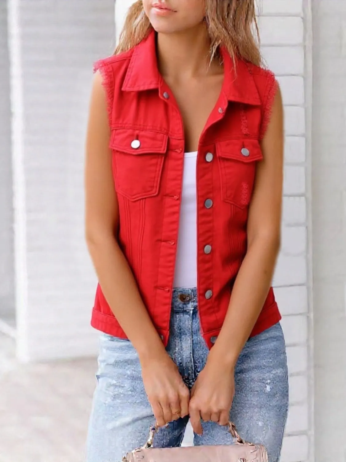 Full Size Sleeveless Frayed Denim Vest Jacket Plus Size - Image 7