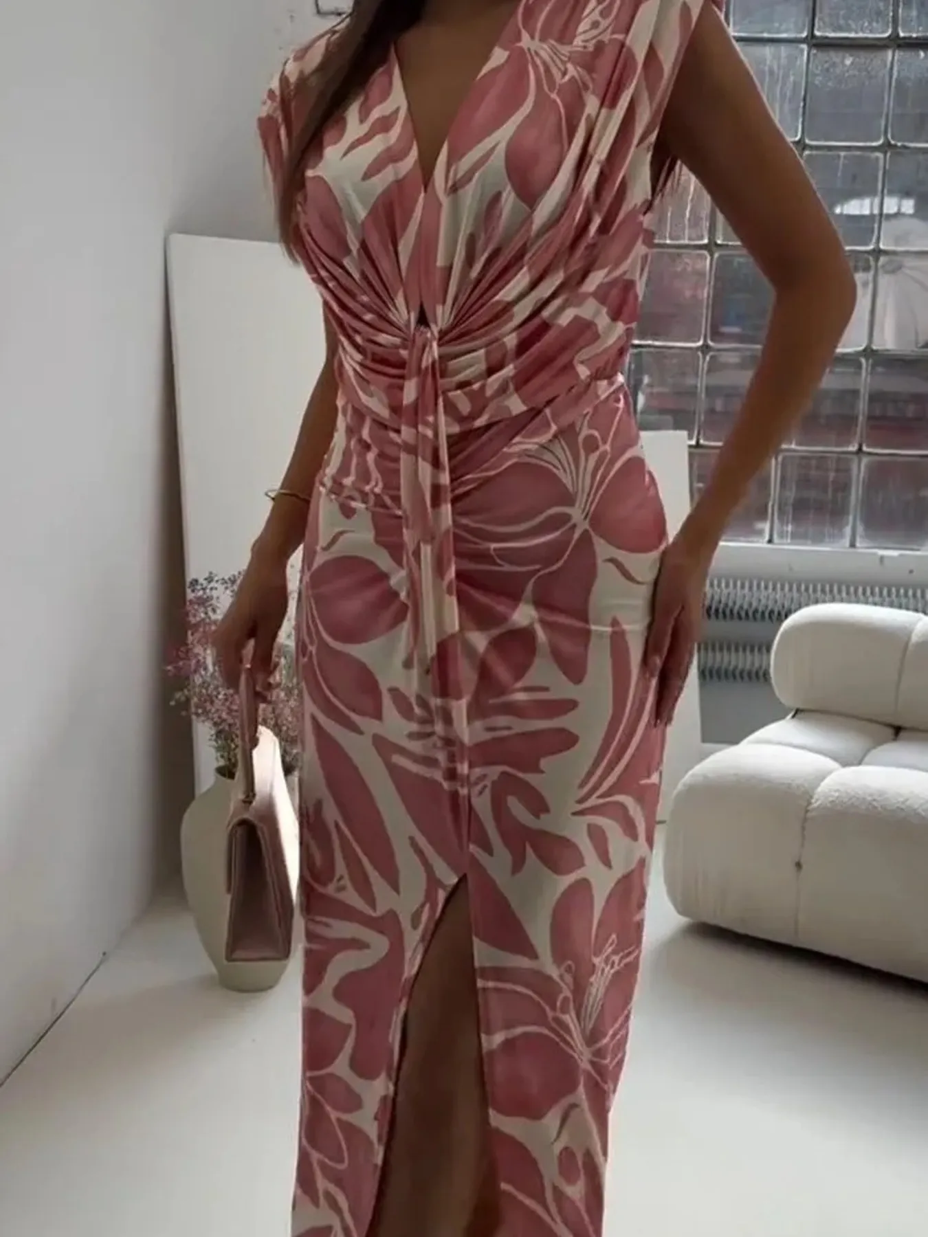 Full Size Slit Printed V-Neck Midi Dress Plus Size - Image 11