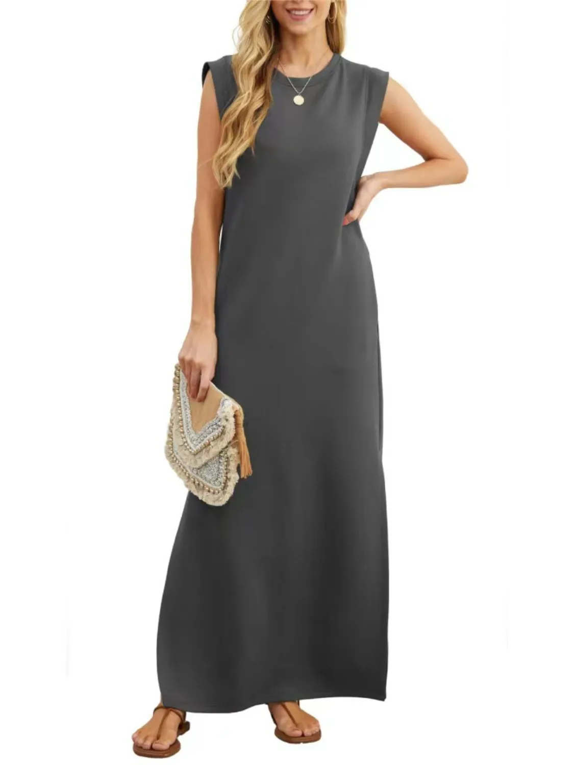 Full Size Slit Round Neck Sleeveless Maxi Tank Dress Plus Size - Image 12