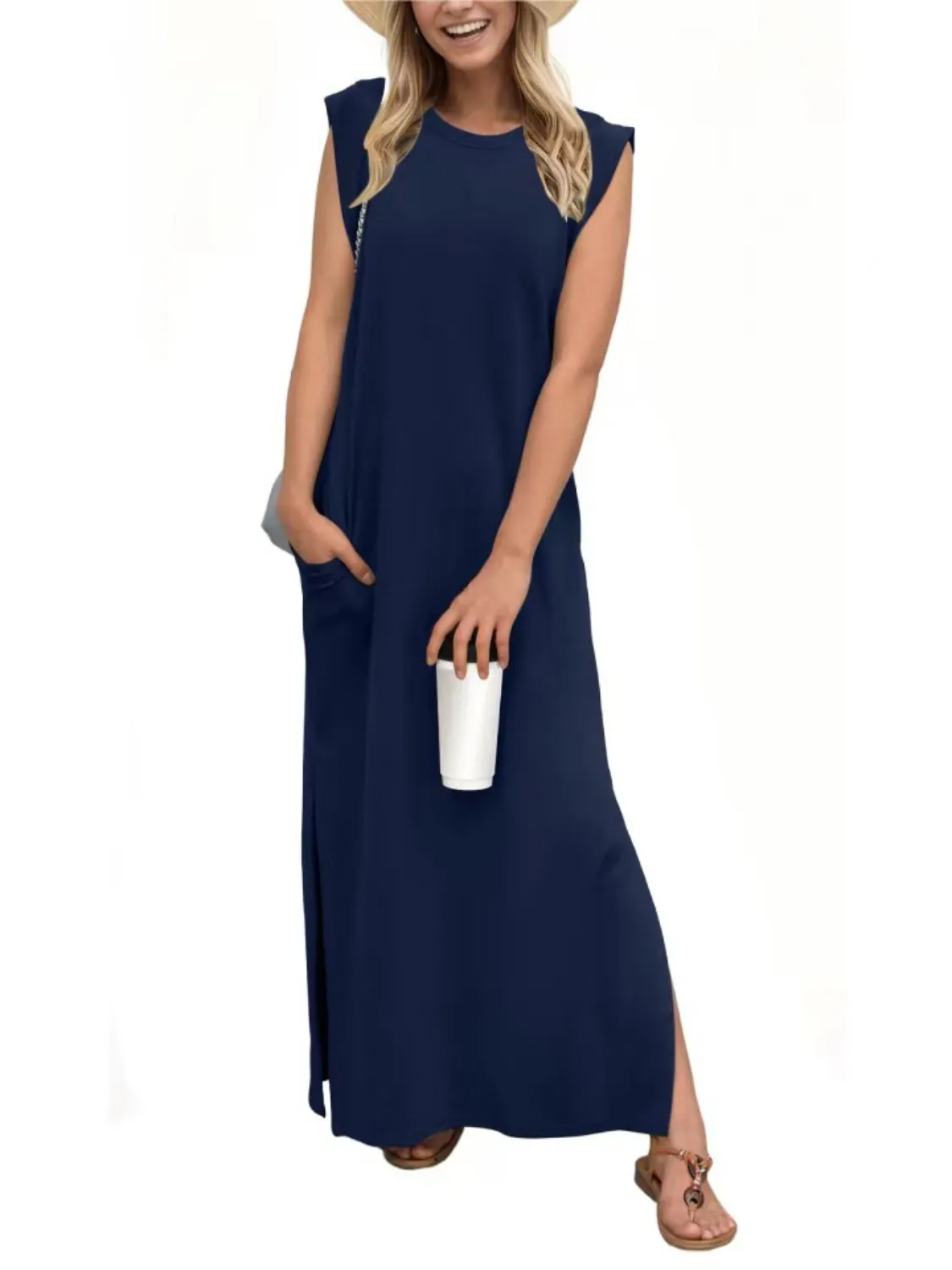 Full Size Slit Round Neck Sleeveless Maxi Tank Dress Plus Size - Image 24