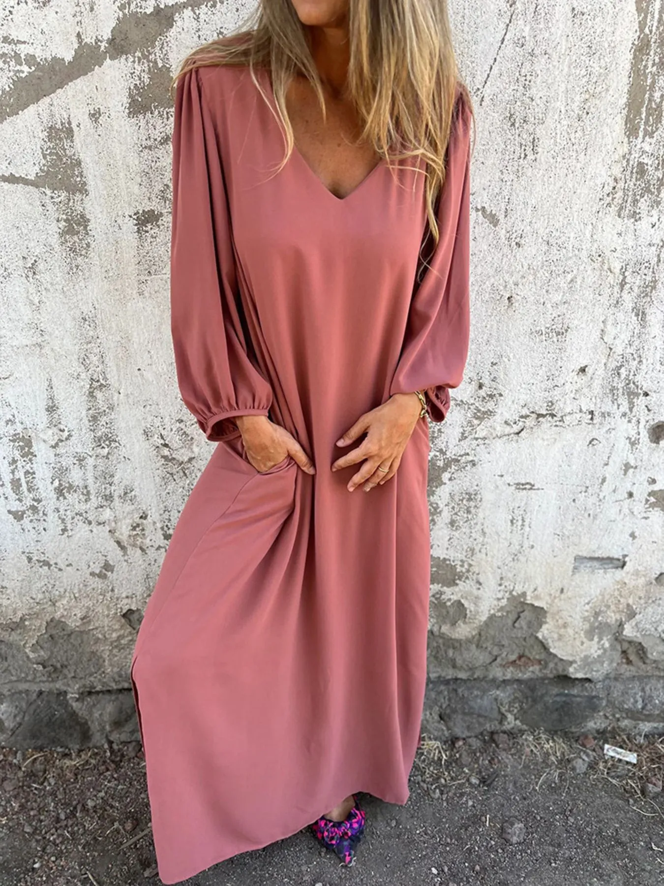 Full Size Slit V-Neck Balloon Sleeve Midi Dress Plus Size - Image 18