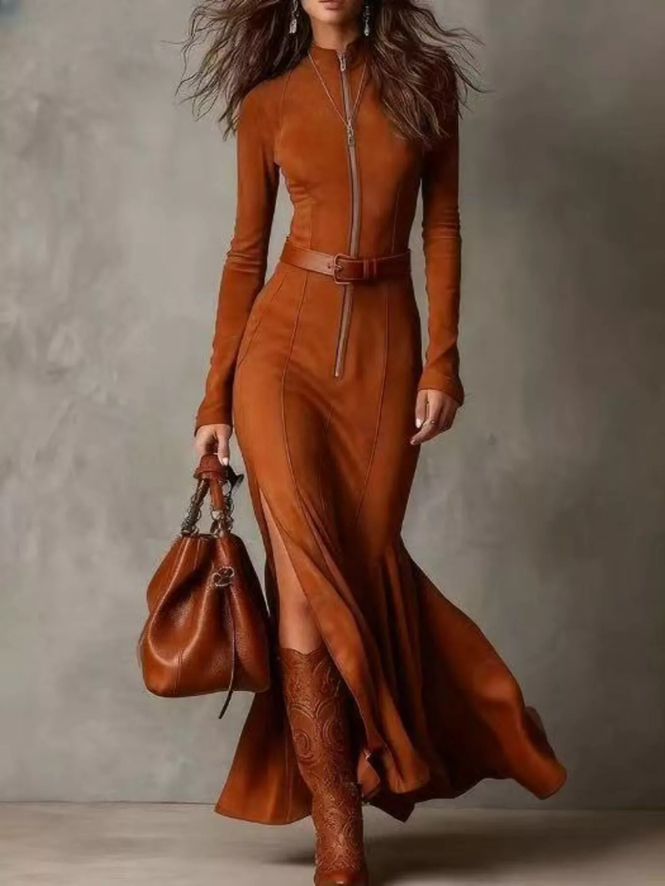 Full Size Slit Zipper Front Maxi Dress Plus Size - Image 5