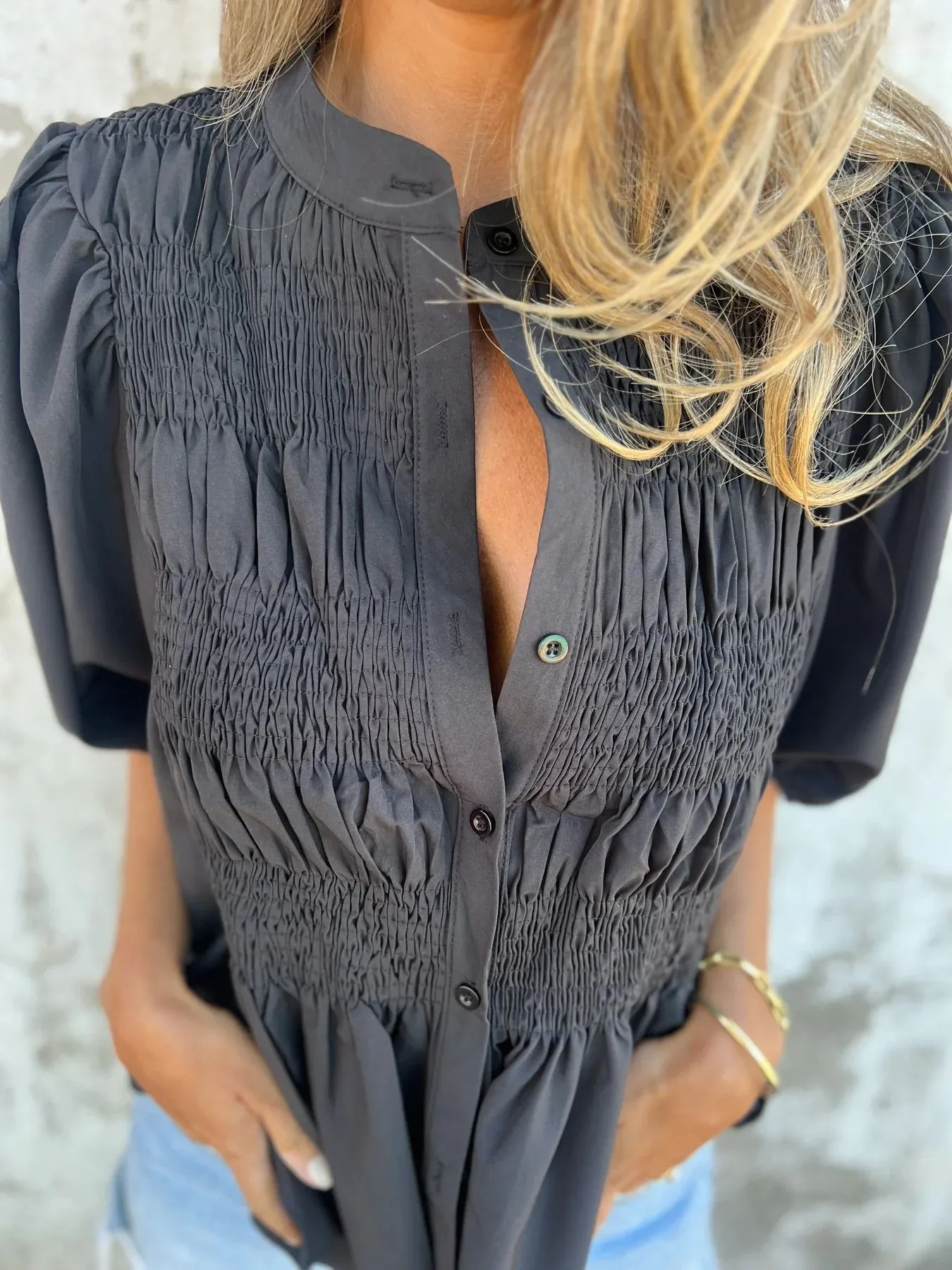 Full Size Smocked Button Front Puff Sleeve Shirt Plus Size - Image 15