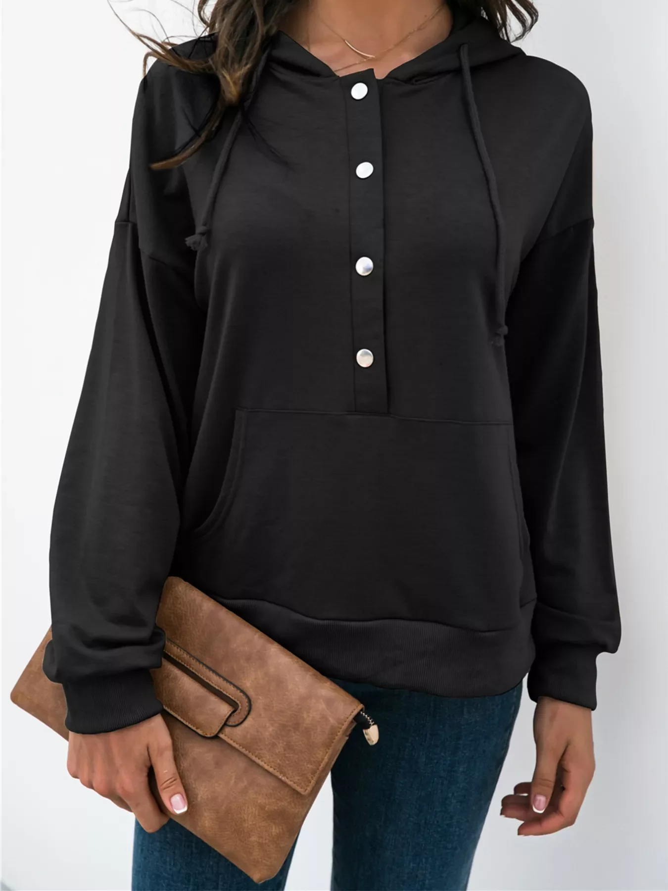 Full Size Snap-Down Hoodie with Kangaroo Pocket Plus Size - Image 5