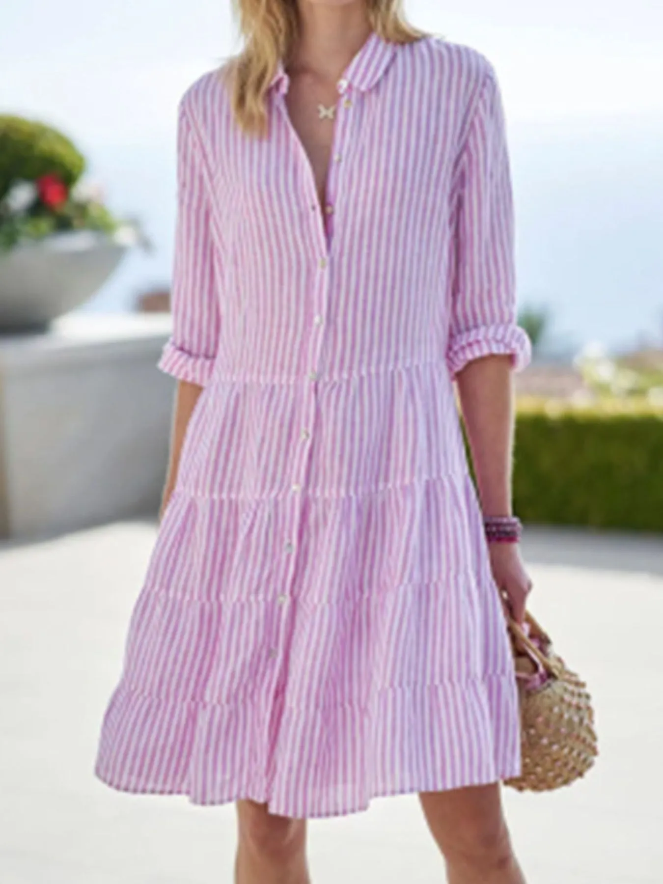 Full Size Striped Button-Down Shirt Dress with Tiered Ruffle Hem Plus Size - Image 2