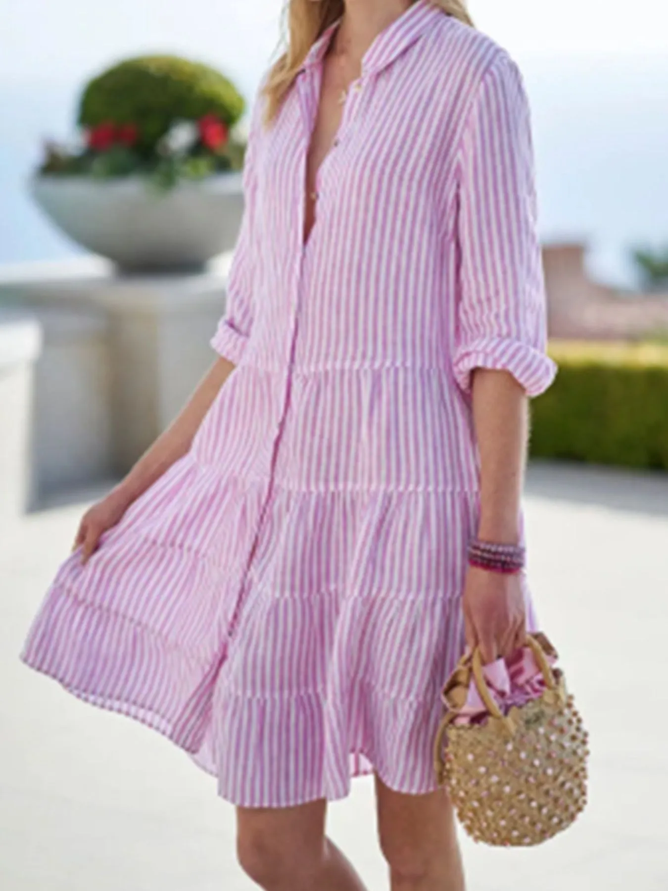 Full Size Striped Button-Down Shirt Dress with Tiered Ruffle Hem Plus Size - Image 3