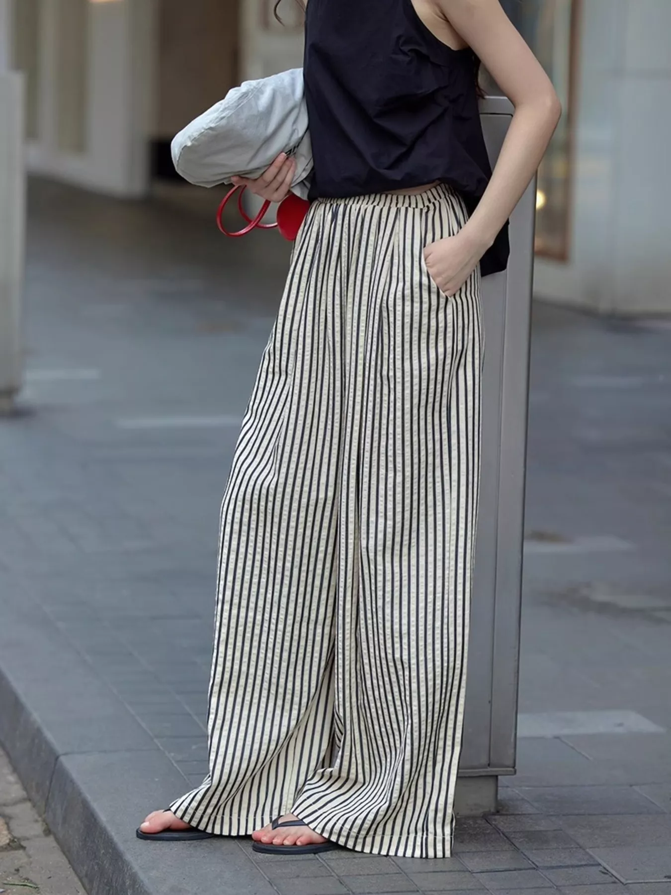 Full Size Striped Drawstring Waist Wide Leg Pants Plus Size - Image 10