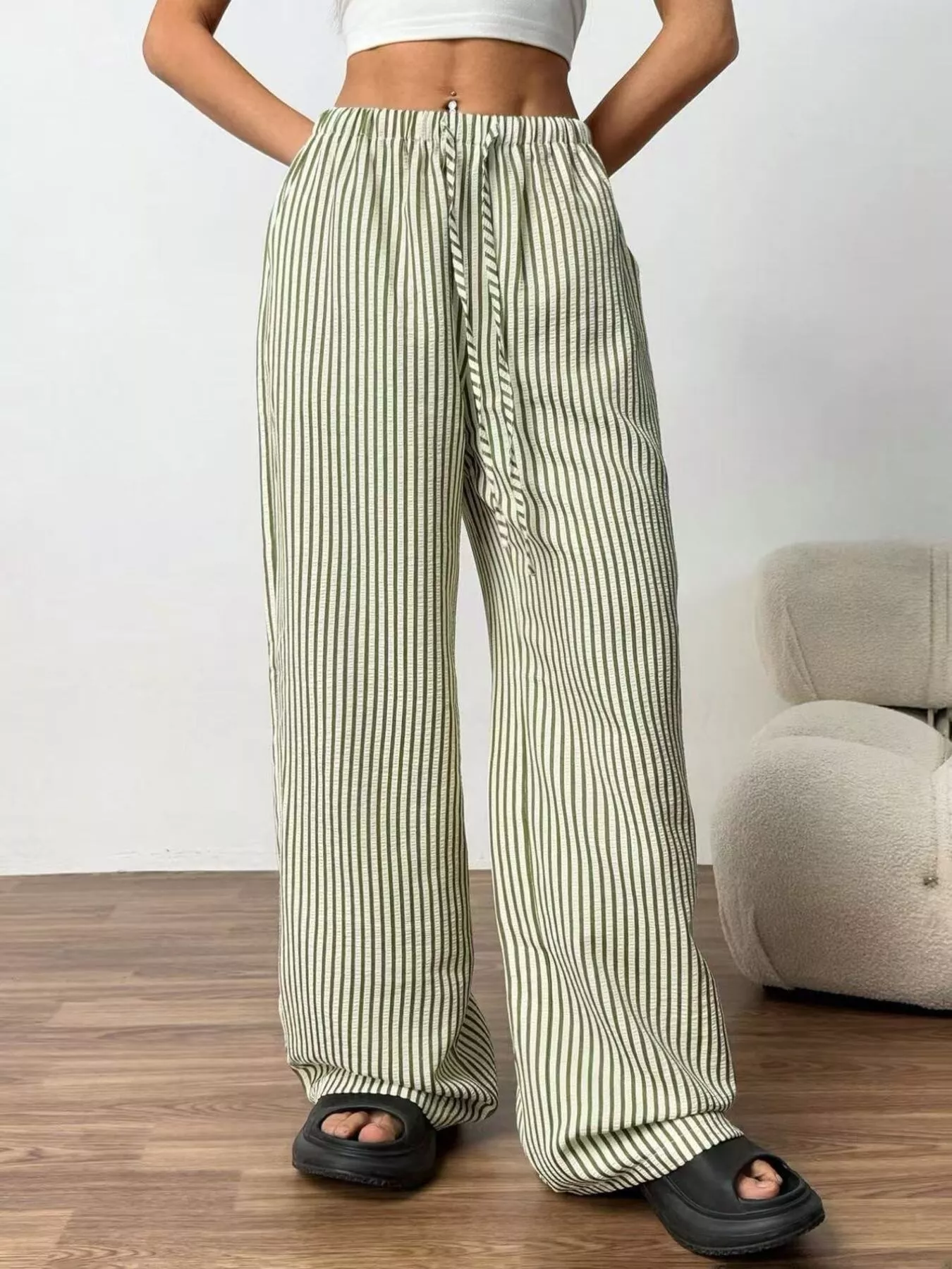 Full Size Striped Drawstring Waist Wide Leg Pants Plus Size - Image 13