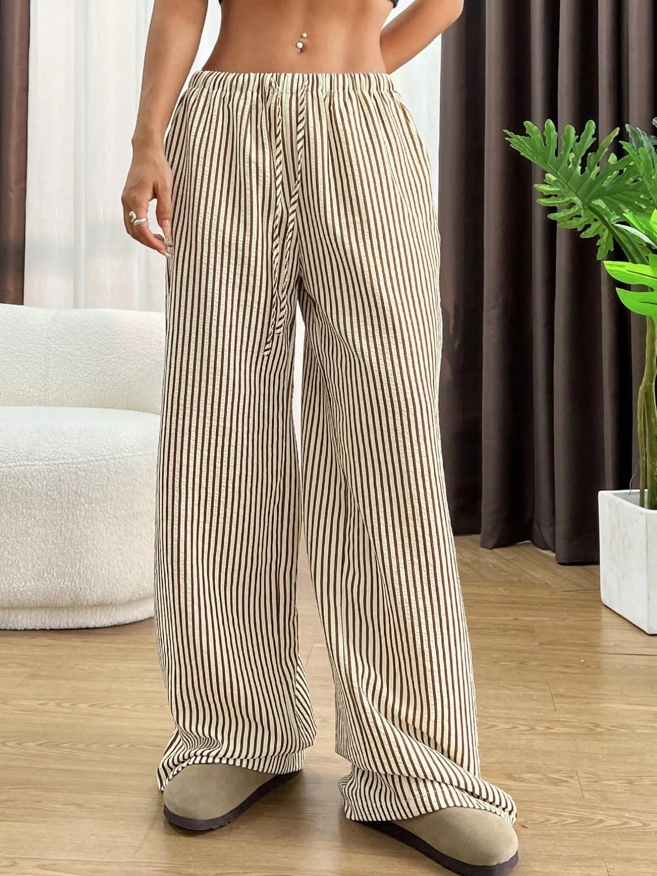 Full Size Striped Drawstring Waist Wide Leg Pants Plus Size - Image 17