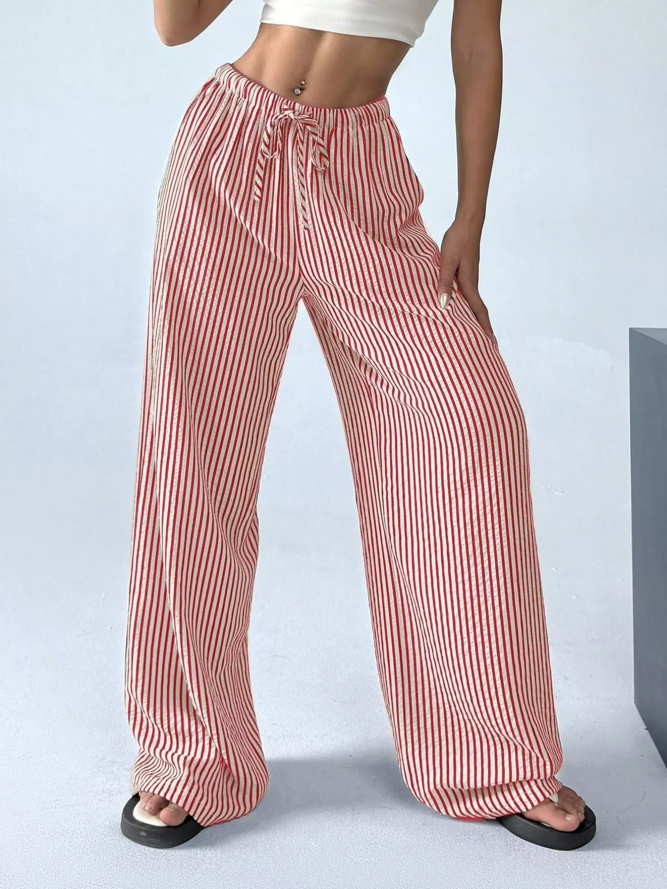 Full Size Striped Drawstring Waist Wide Leg Pants Plus Size - Image 3