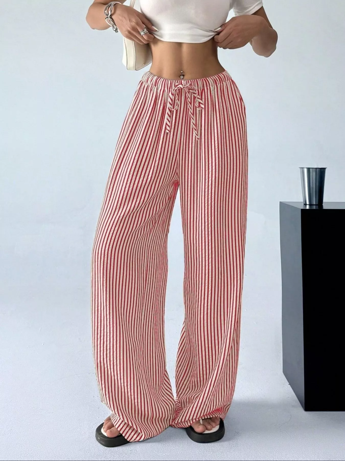 Full Size Striped Drawstring Waist Wide Leg Pants Plus Size - Image 4