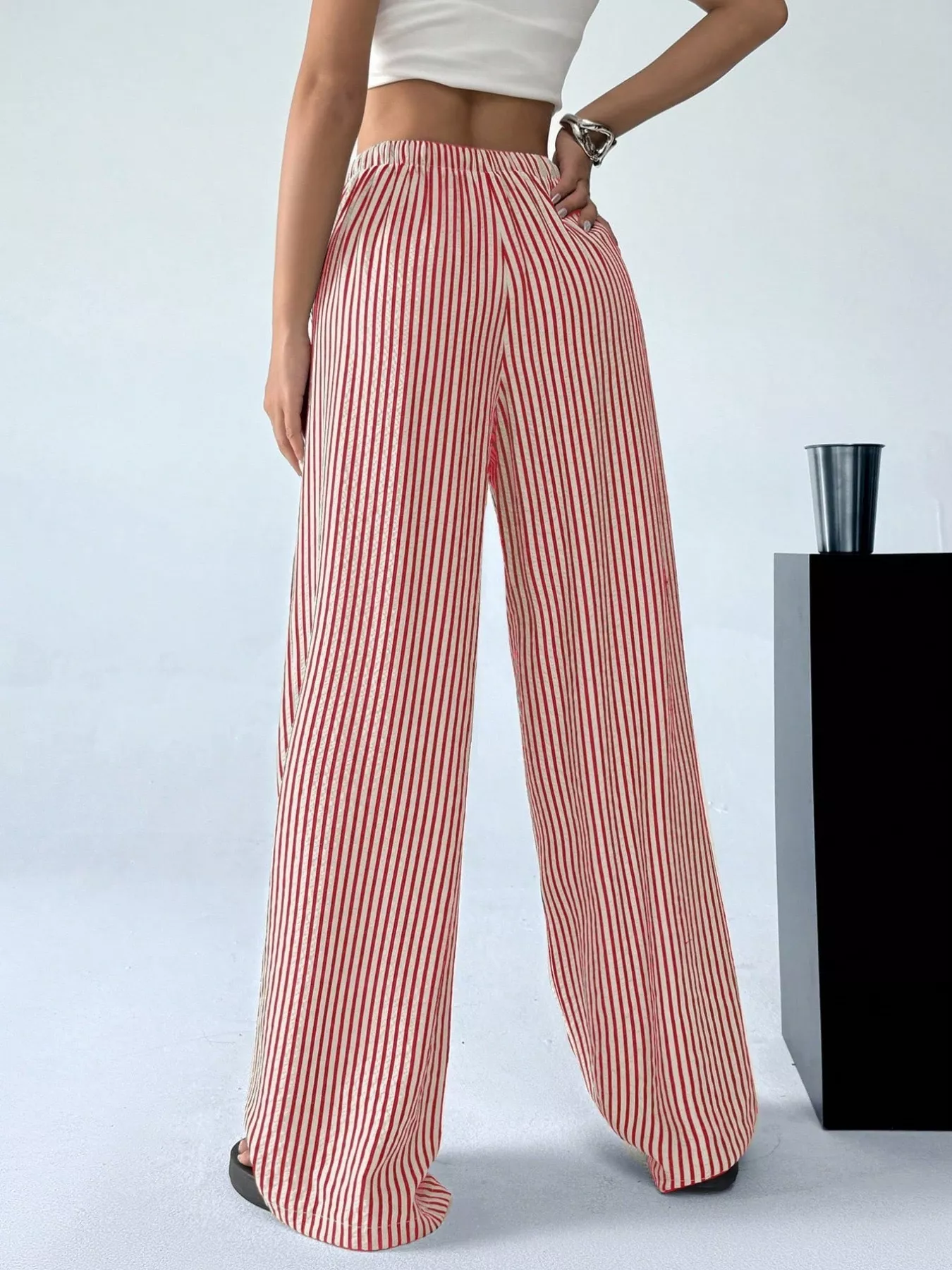 Full Size Striped Drawstring Waist Wide Leg Pants Plus Size - Image 5