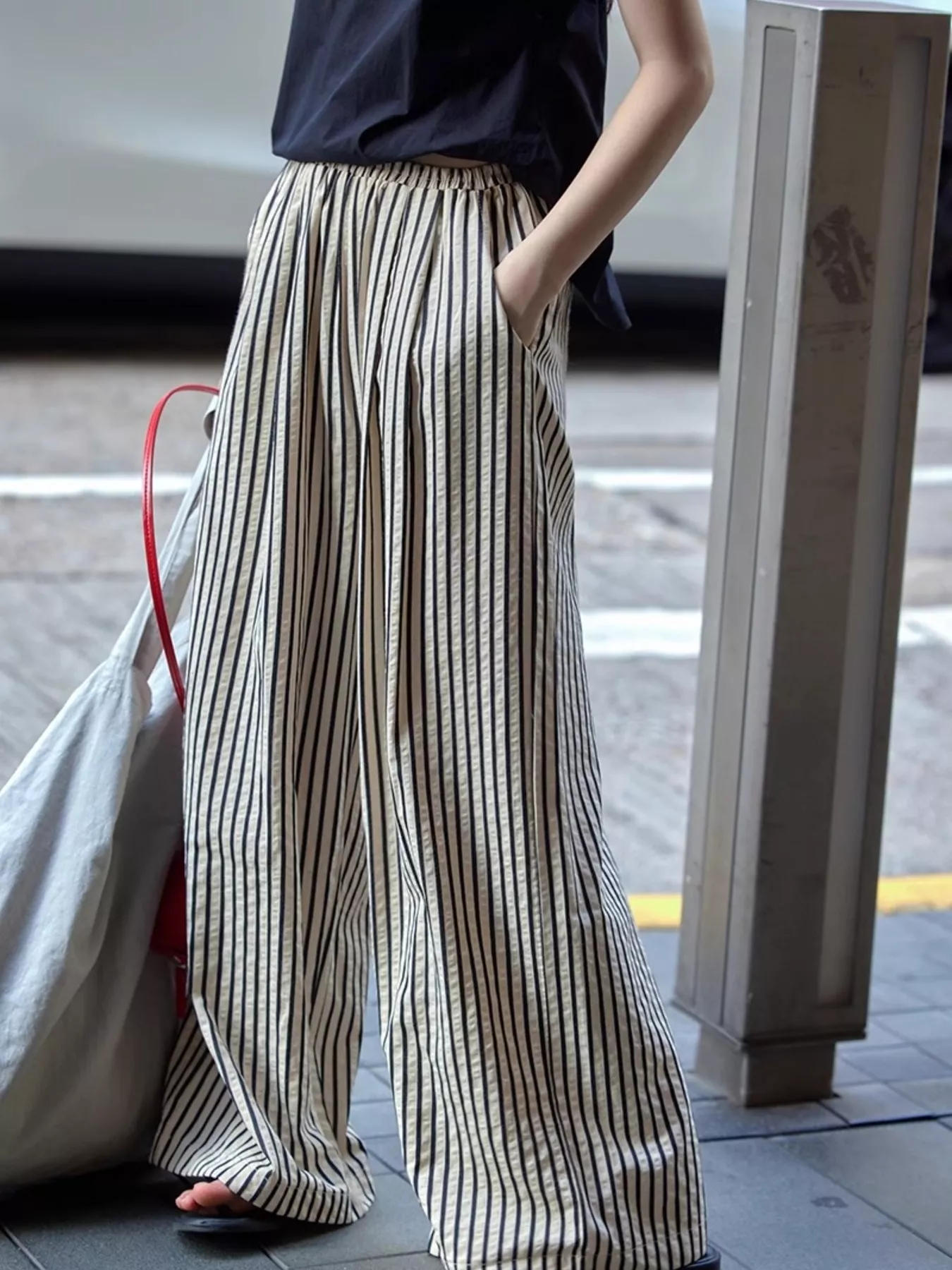 Full Size Striped Drawstring Waist Wide Leg Pants Plus Size - Image 7