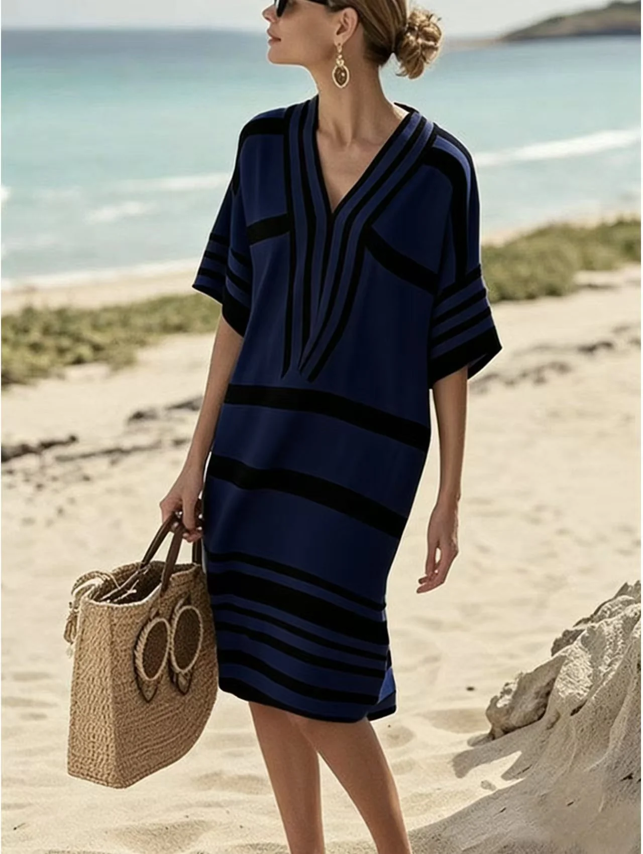 Full Size Striped Half Sleeve Midi Dress Plus Size - Image 19