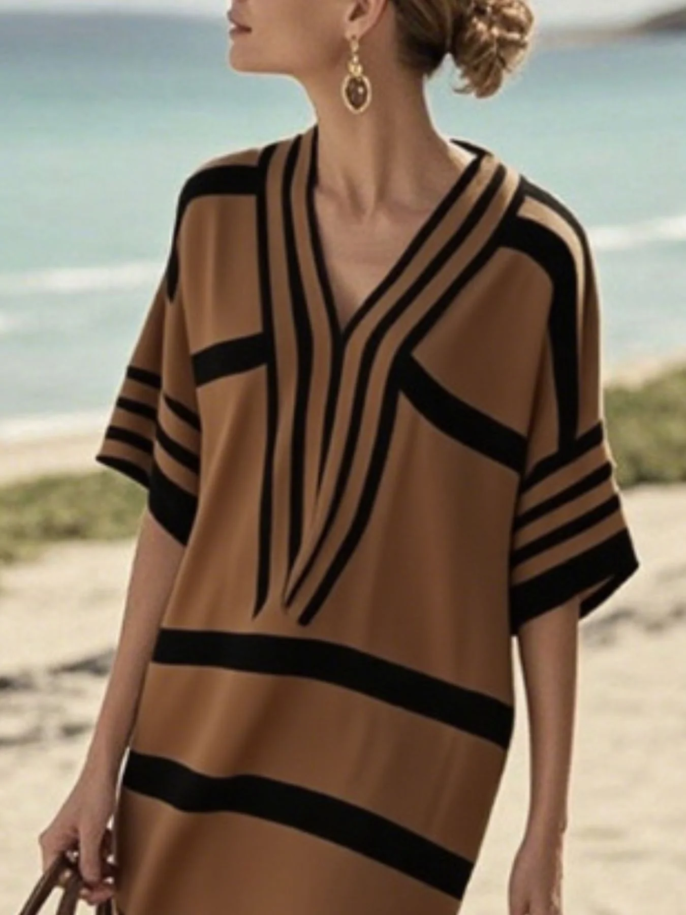 Full Size Striped Half Sleeve Midi Dress Plus Size - Image 23