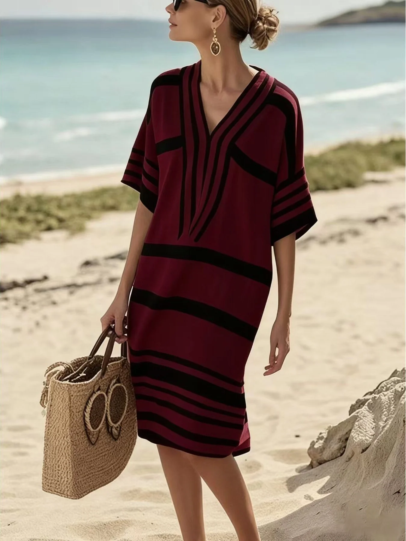 Full Size Striped Half Sleeve Midi Dress Plus Size - Image 25