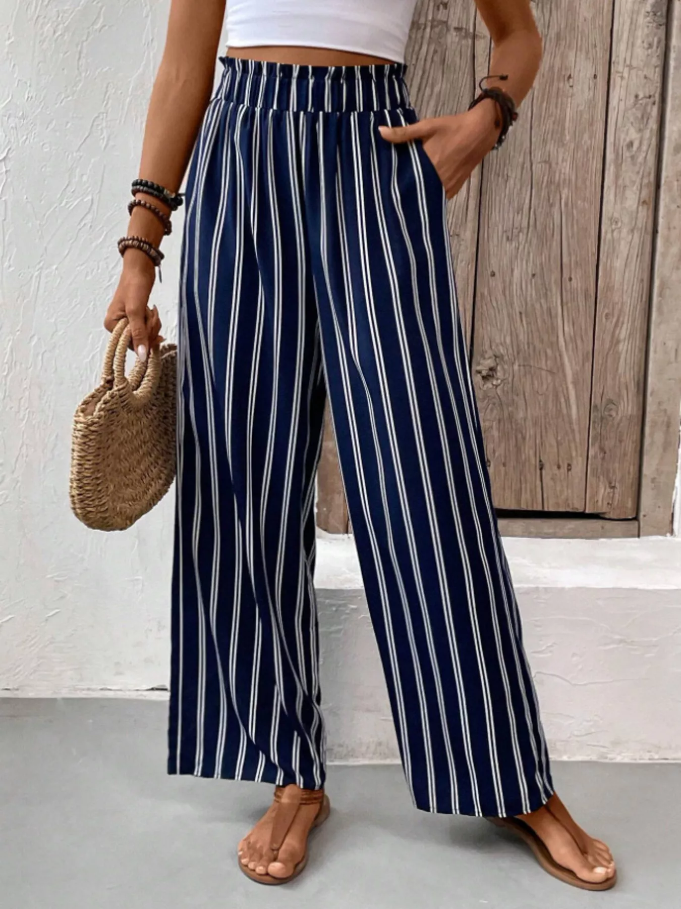 Full Size Striped High Waist Wide Leg Pants Plus Size - Image 5