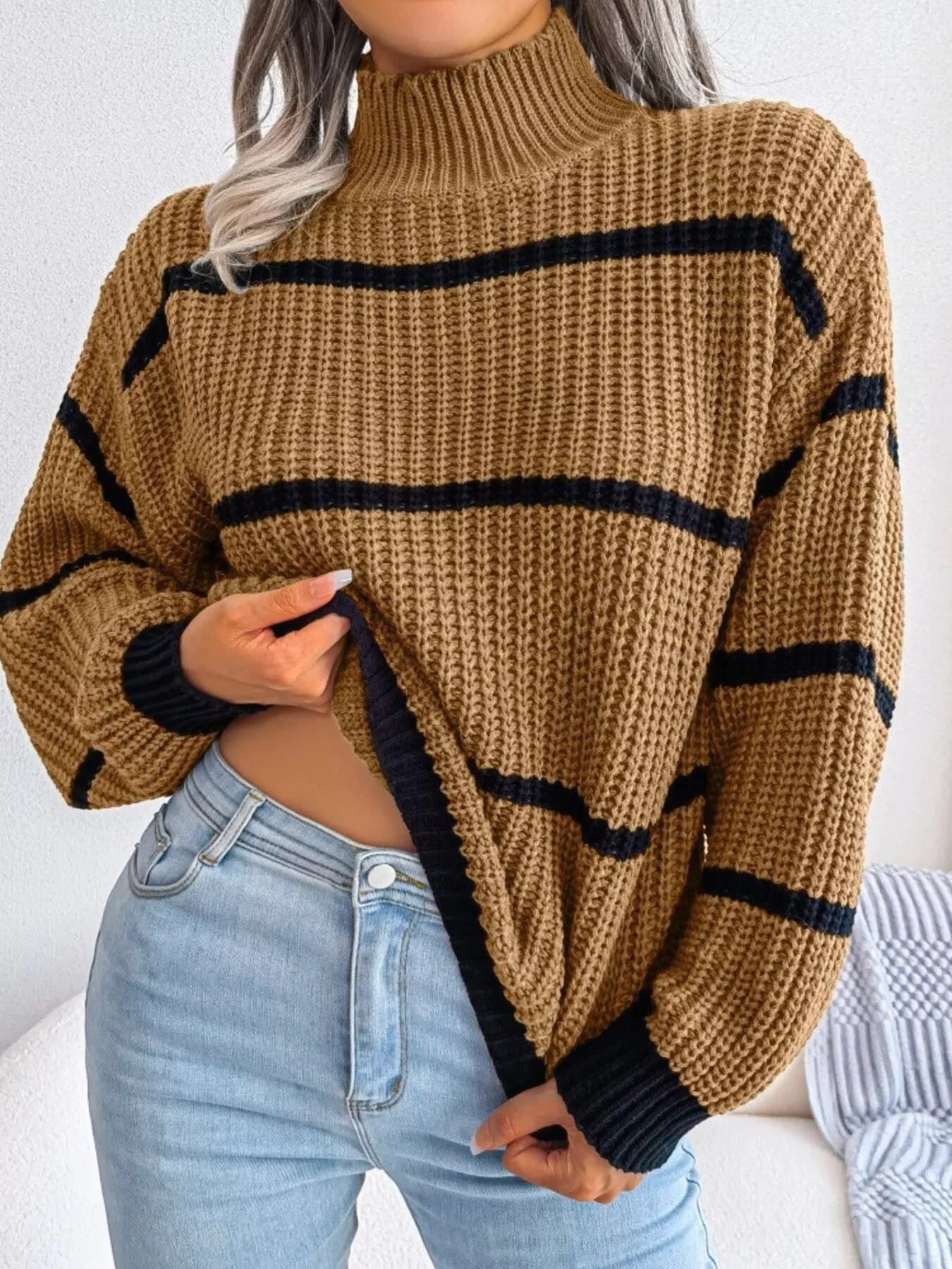 Full Size Striped Mock Neck Knit Sweater Plus Size - Image 6