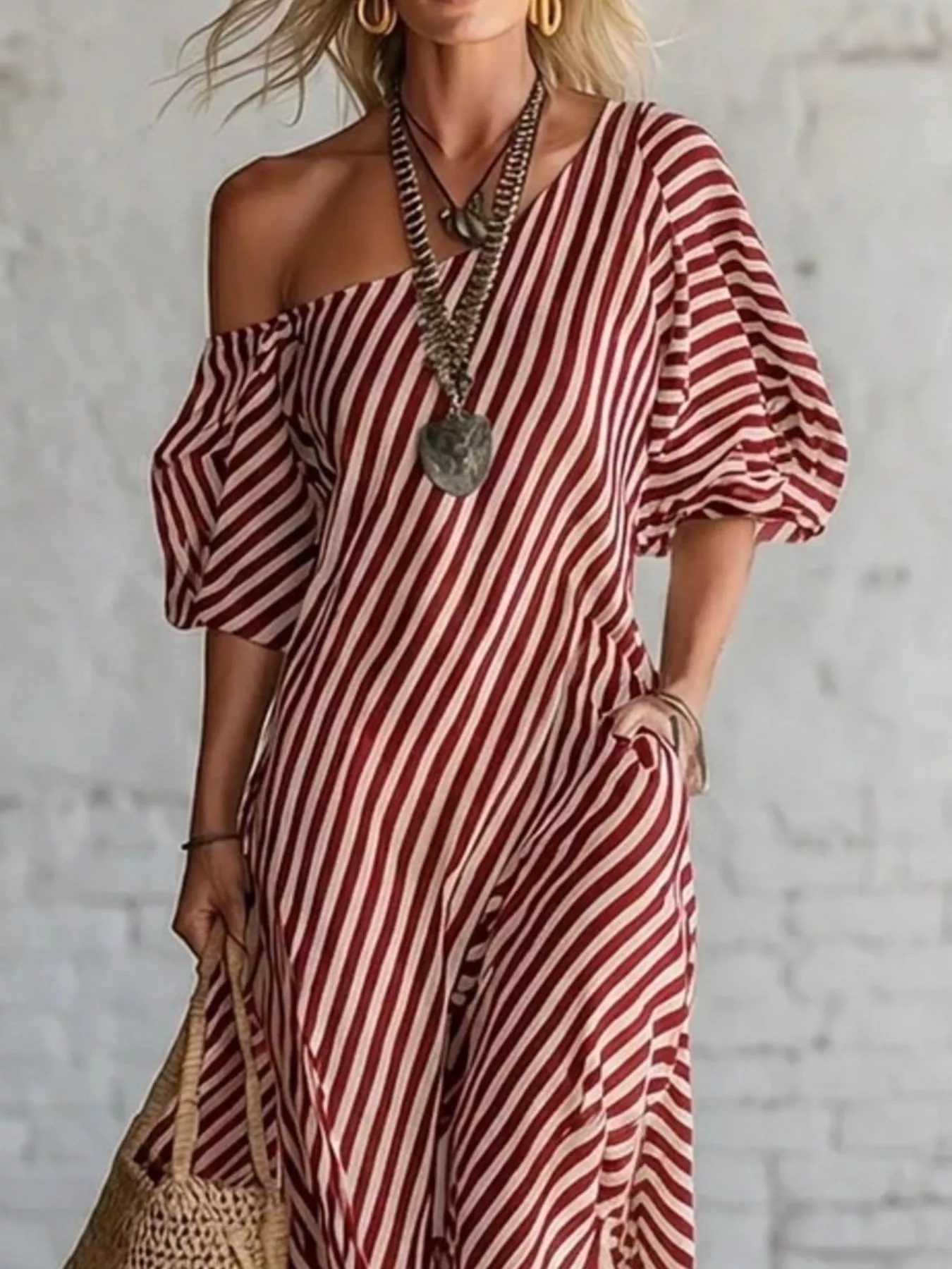 Full Size Striped One-Shoulder Casual Maxi Dress Plus Size - Image 17