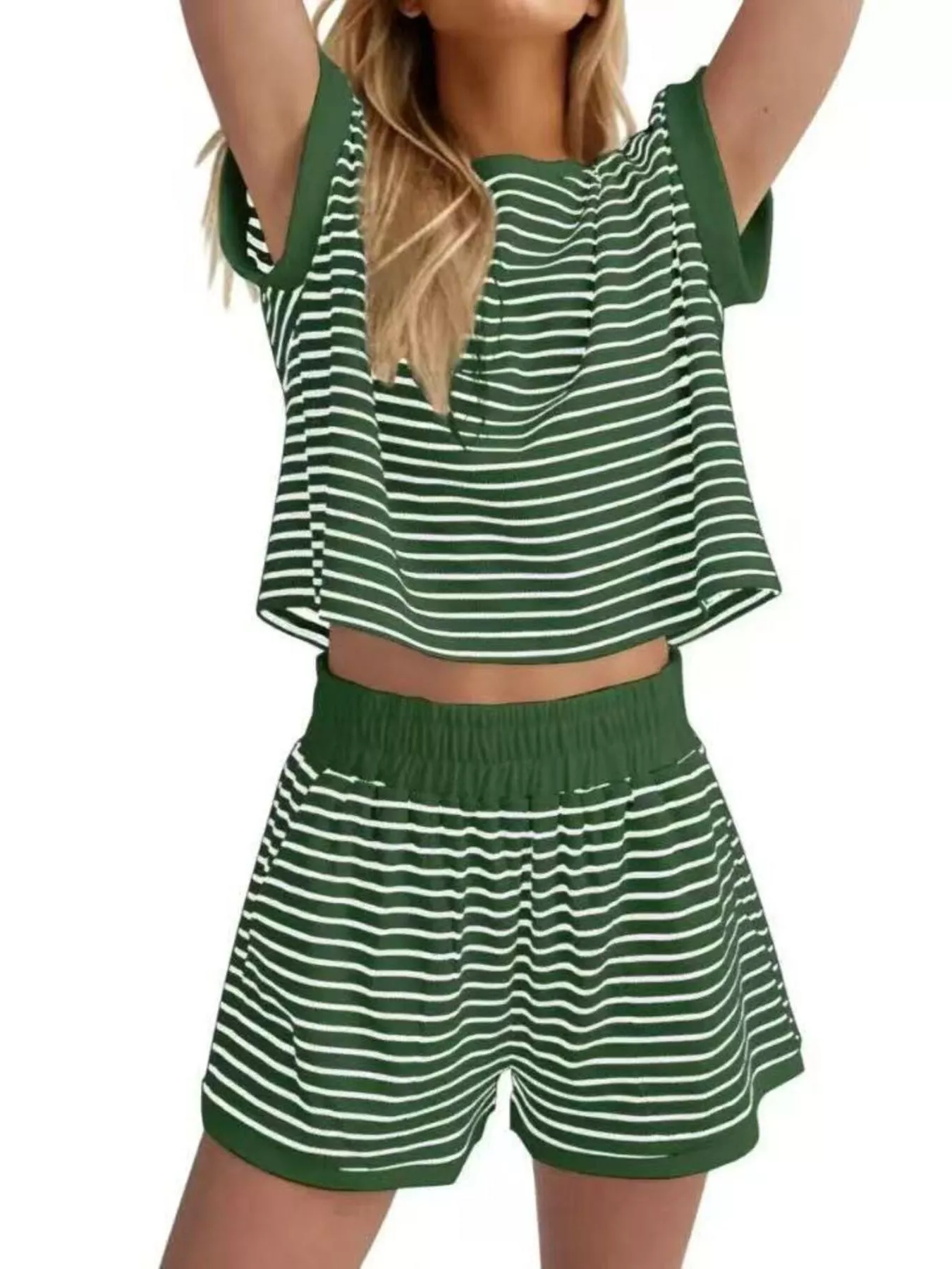 Full Size Striped Round Neck Top and Shorts Set Plus Size - Image 11