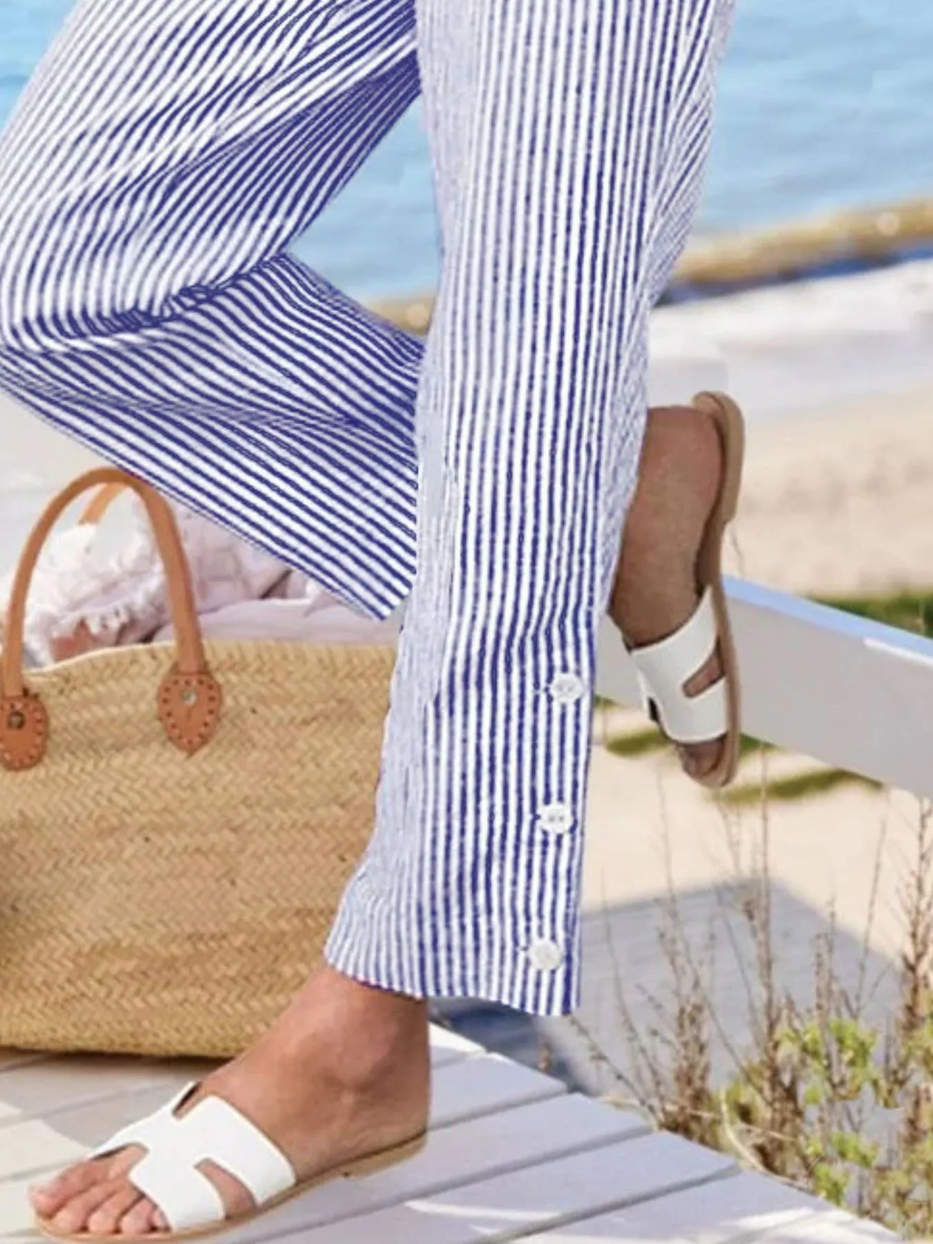 Full Size Striped Side Button Detail Pants Plus Size - Image 12
