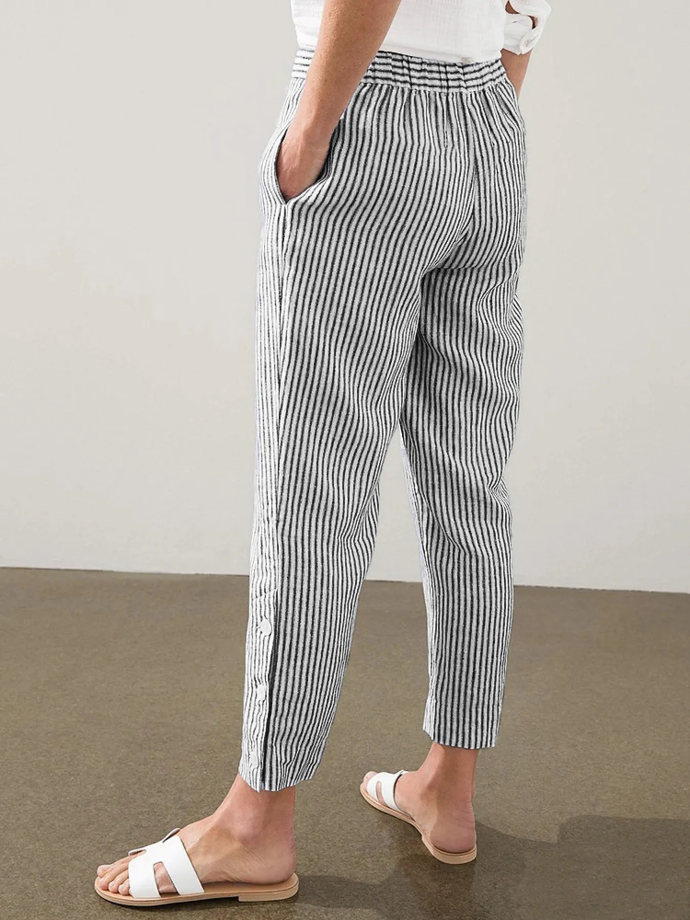 Full Size Striped Side Button Detail Pants Plus Size - Image 5