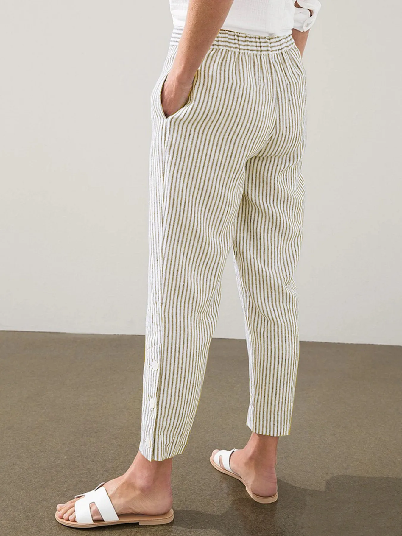 Full Size Striped Side Button Detail Pants Plus Size - Image 8