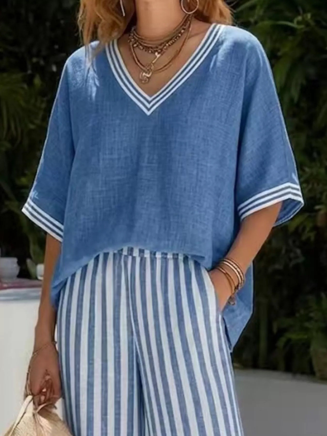 Full Size Striped V-Neck Top and Wide Leg Pants Set Plus Size - Image 2