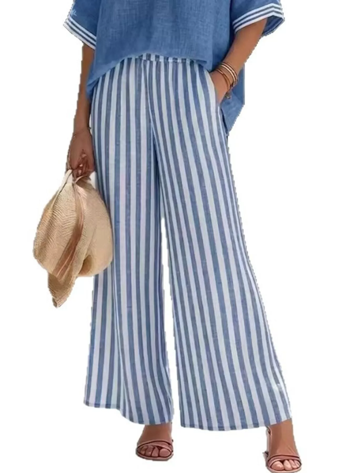 Full Size Striped V-Neck Top and Wide Leg Pants Set Plus Size - Image 3