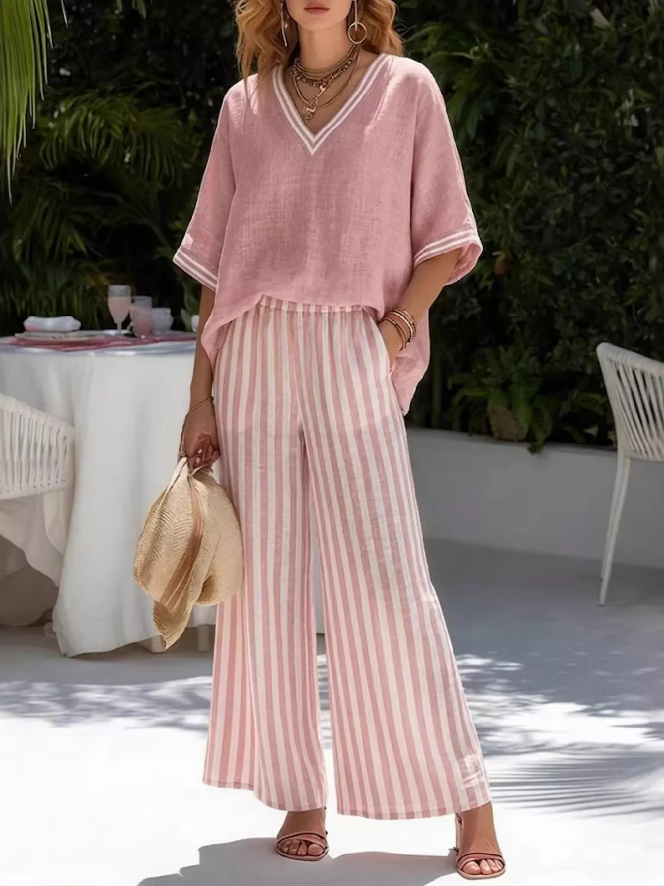Full Size Striped V-Neck Top and Wide Leg Pants Set Plus Size - Image 4