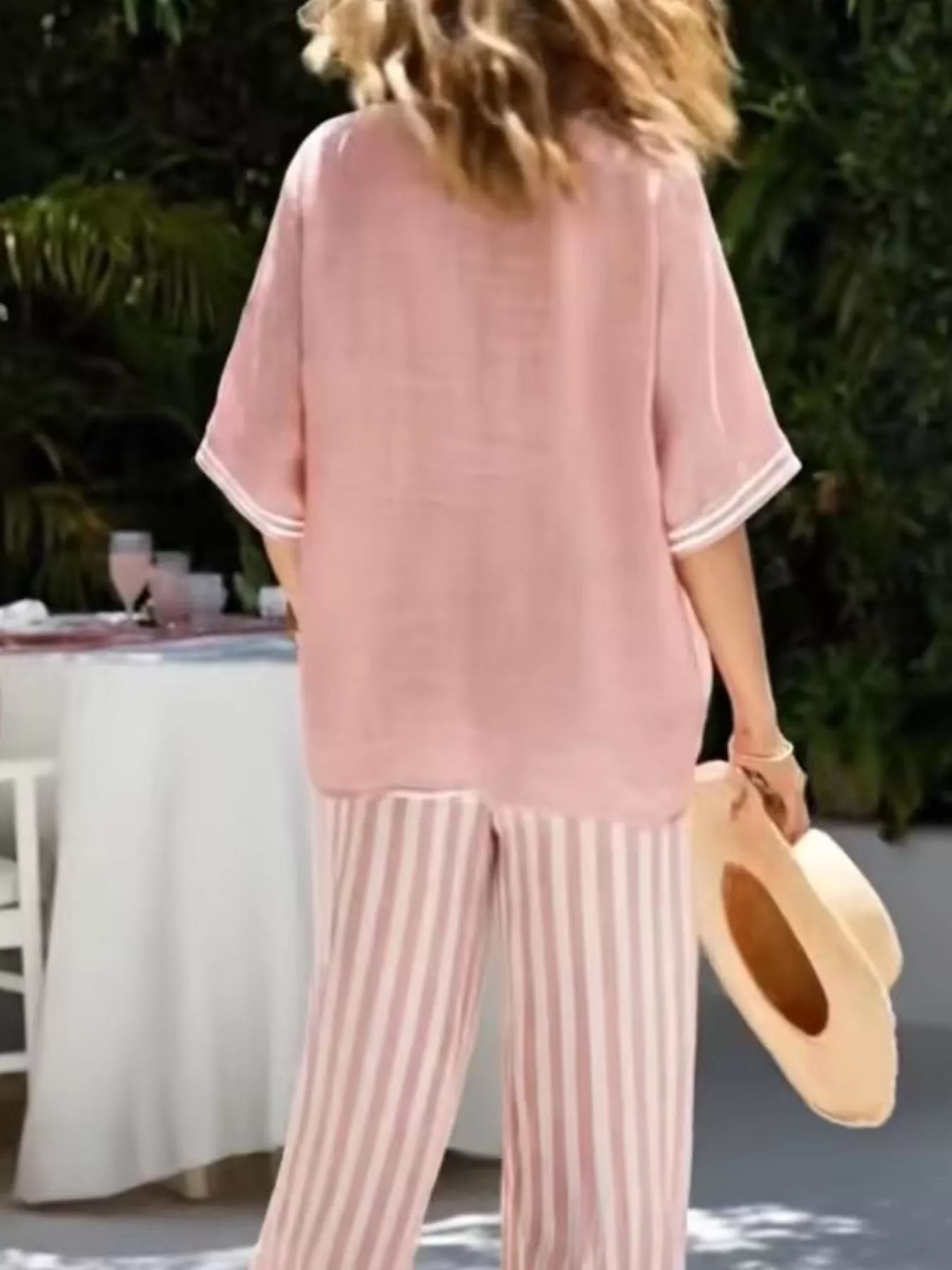 Full Size Striped V-Neck Top and Wide Leg Pants Set Plus Size - Image 5