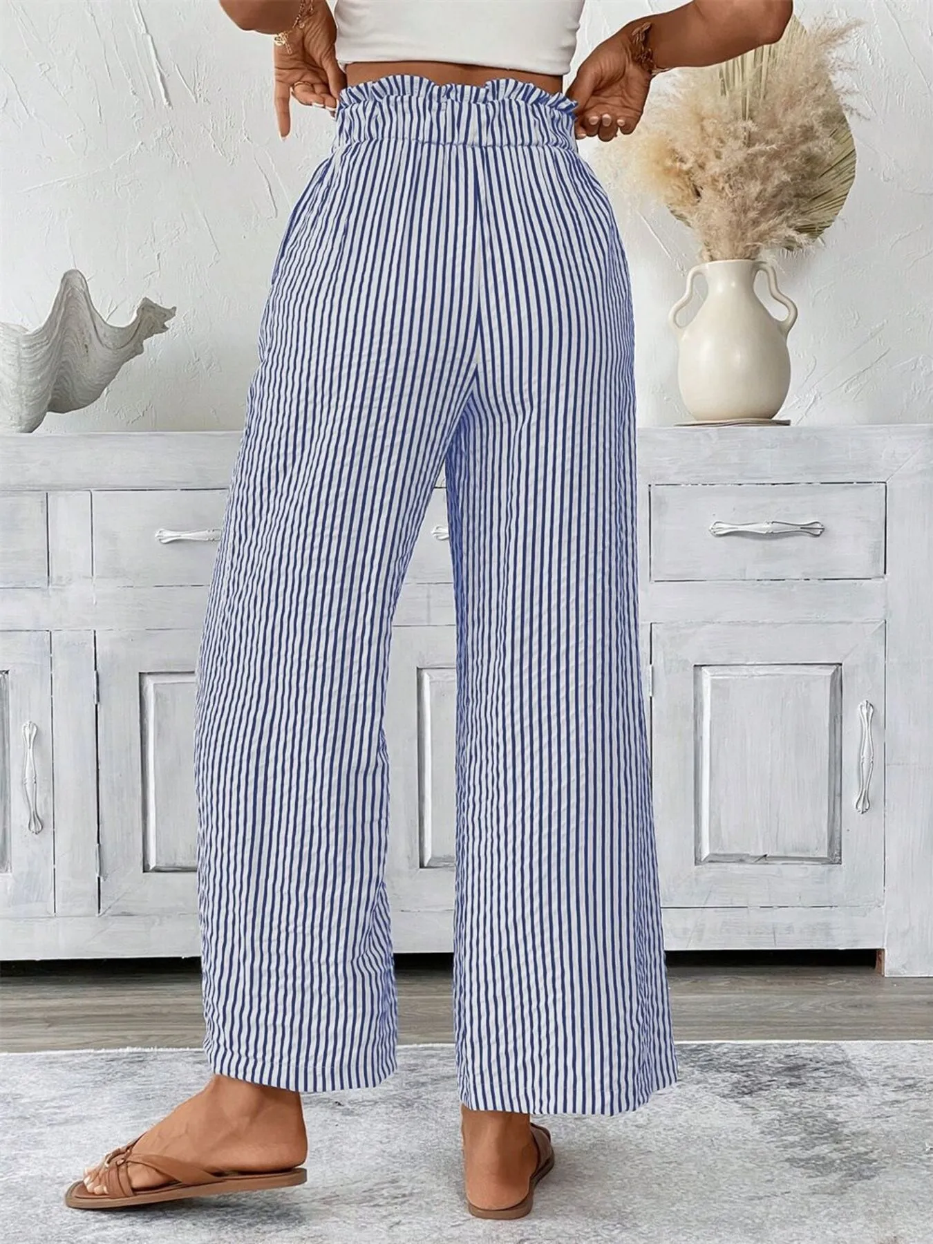 Full Size Striped Wide Leg Paper Bag Pants Plus Size - Image 5